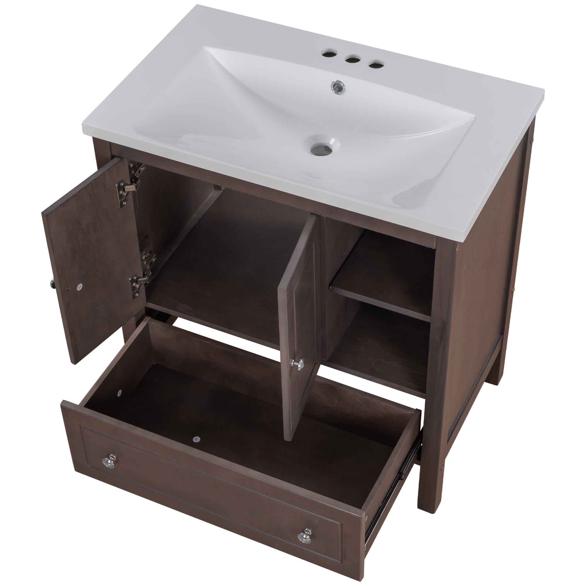 [VIDEO] 30" Bathroom Vanity with Sink, Bathroom Storage Cabinet with Doors and Drawers, Solid Wood Frame, Ceramic Sink, Brown (OLD SKU: JL000002AAD)