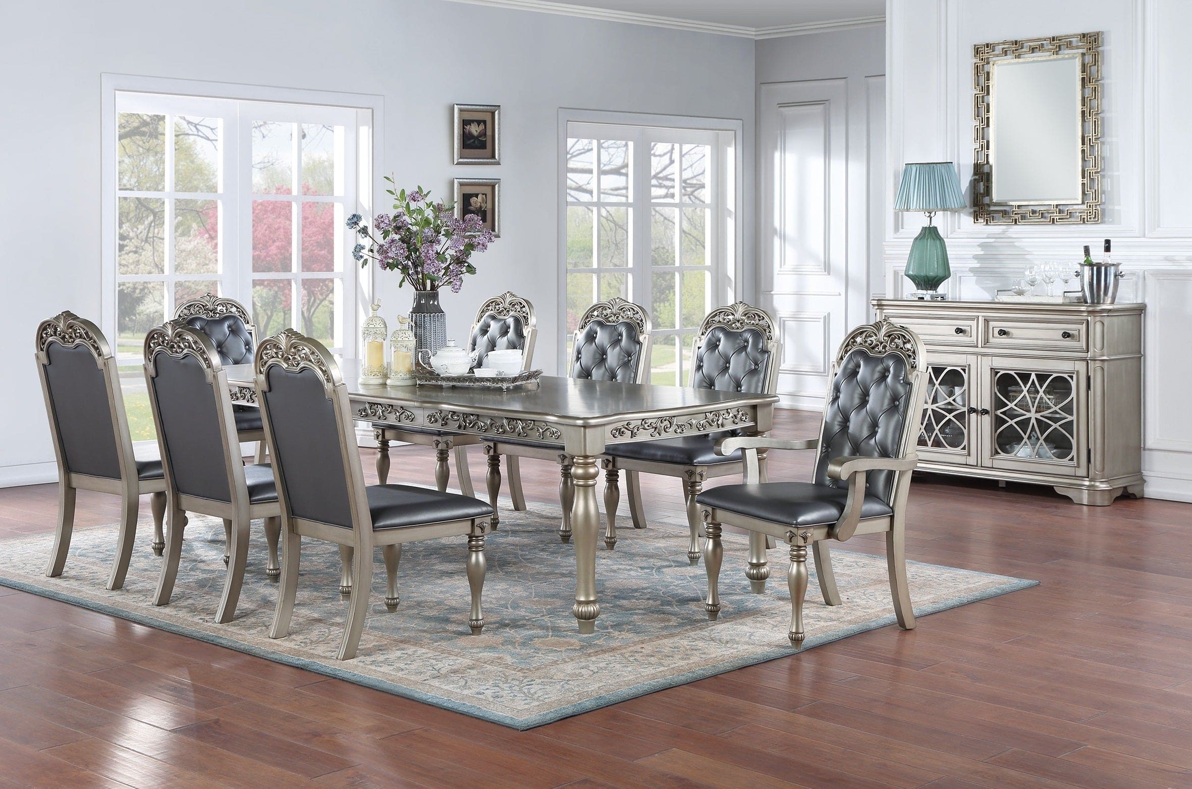 Traditional Silver / Grey Finish 9pc Dining Set Table w 2x Arm Chairs 6x Side Chairs Rubber wood Intricate Design Tufted back Cushion Seat Dining Room Furniture