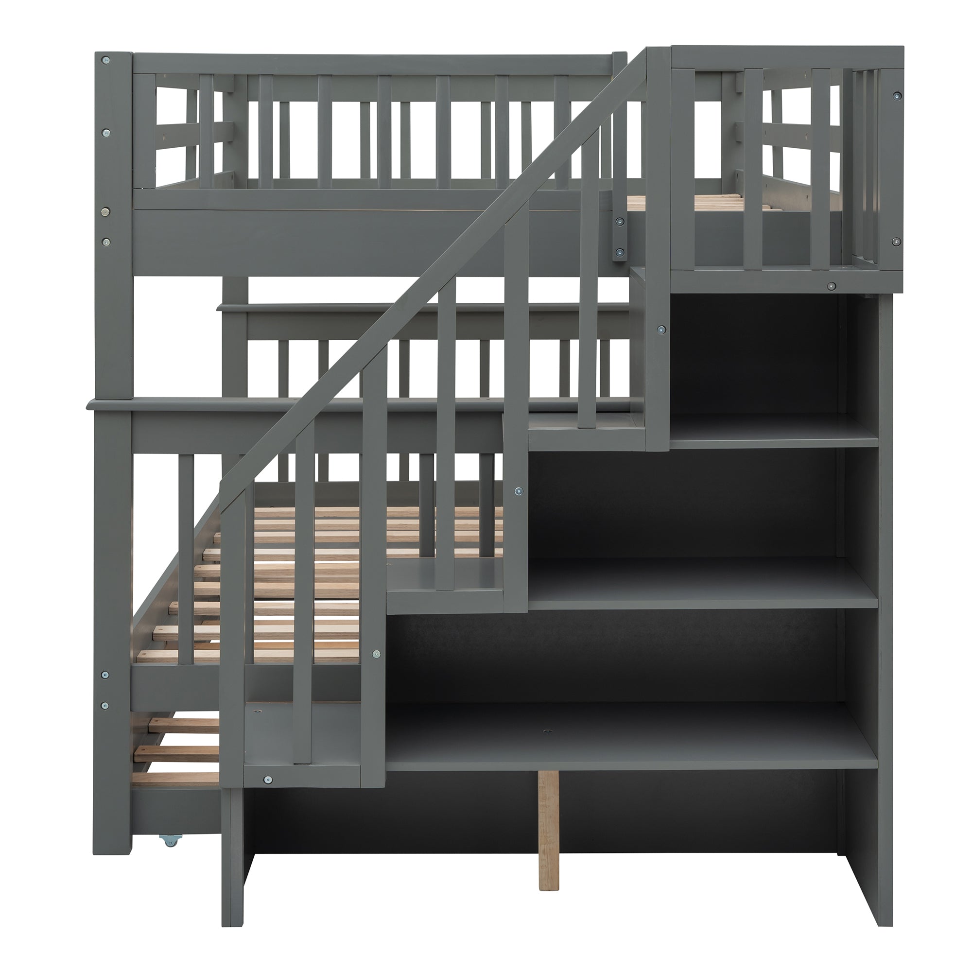 Stairway Full-Over-Full Bunk Bed with Twin size Trundle, Storage and Guard Rail for Bedroom, Dorm - Gray(OLD SKU :LP001210AAE)