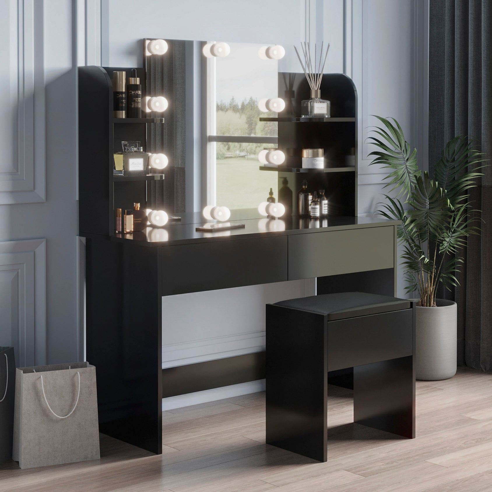 Modern Dressing table with 2 Drawers, 4 open shelves Rectangular Makeup Table with Mirror, 10-lamp bulb,,42.52*15.75* 52.76inch,for Bedroom, Black