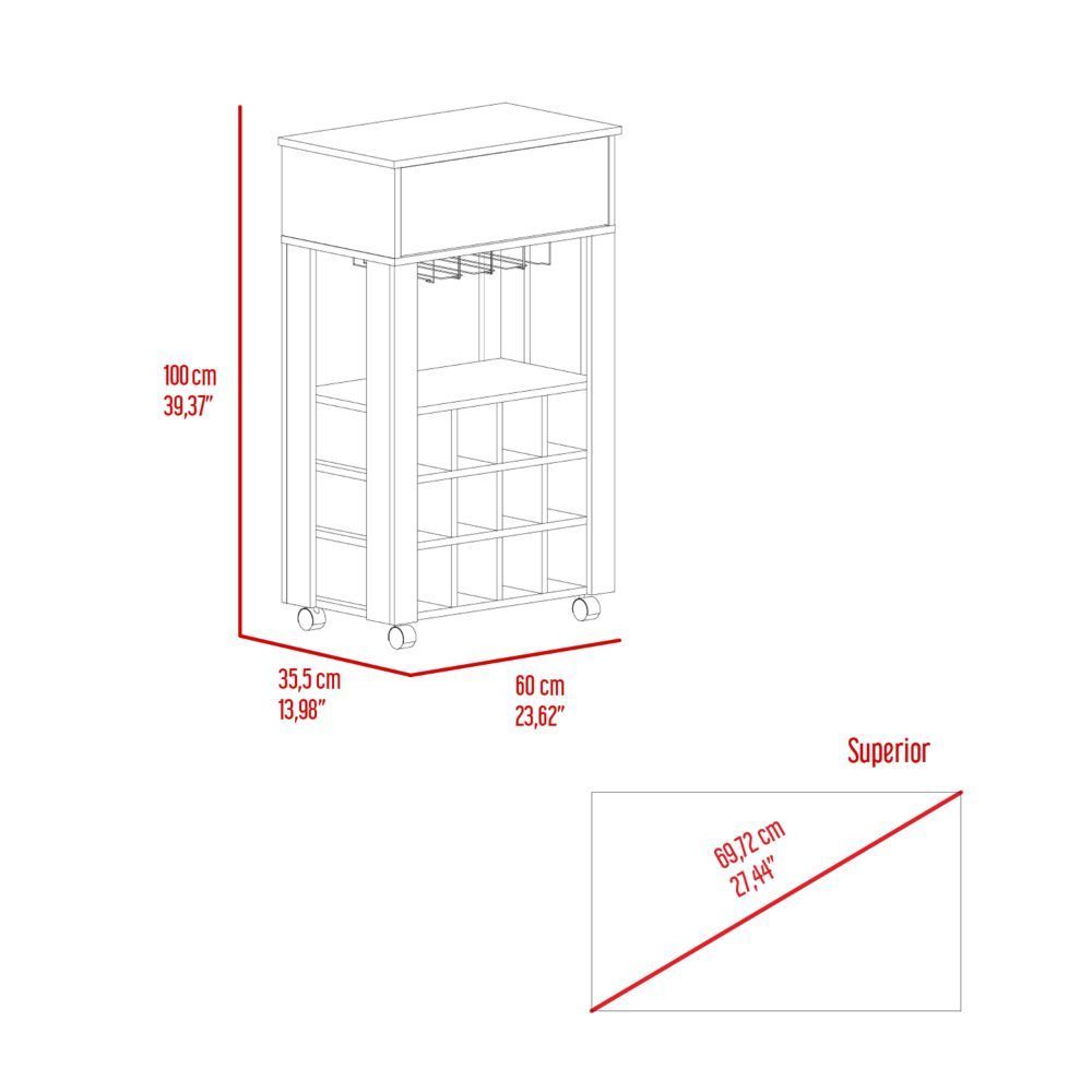 Bar Cart Bayamon, Twelve Wine Cubbies, Four Legs, Carbon Espresso Finish