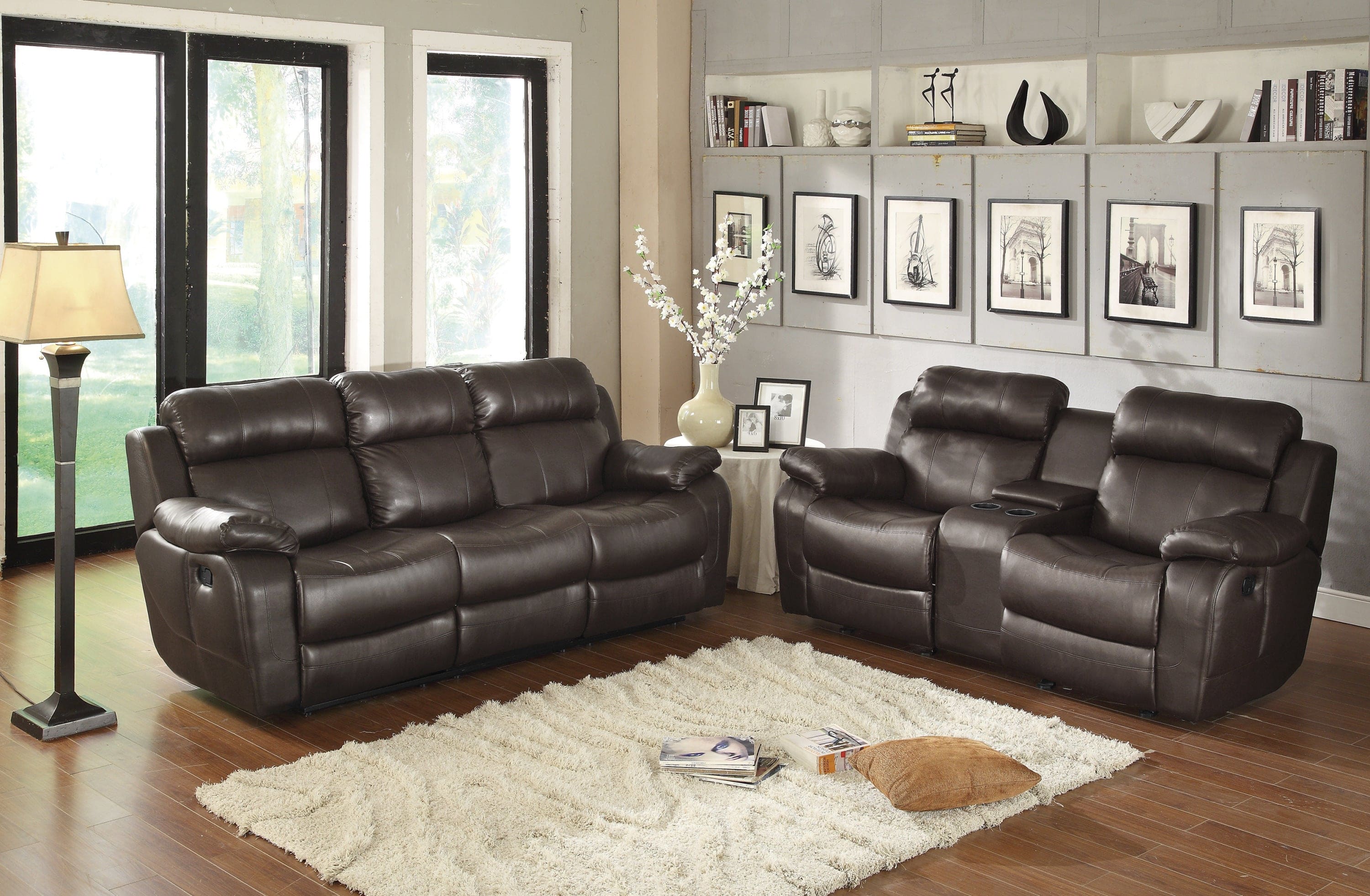 Contemporary Brown Faux Leather Upholstered 1pc Double Reclining Sofa w/ Center Drop-Down Cup Holder Living Room Furniture