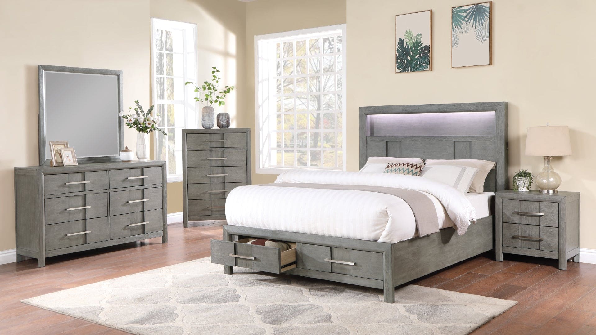 Kenzo Modern Style Queen Bed Made with Wood & LED Headboard with bookshelf in Gray