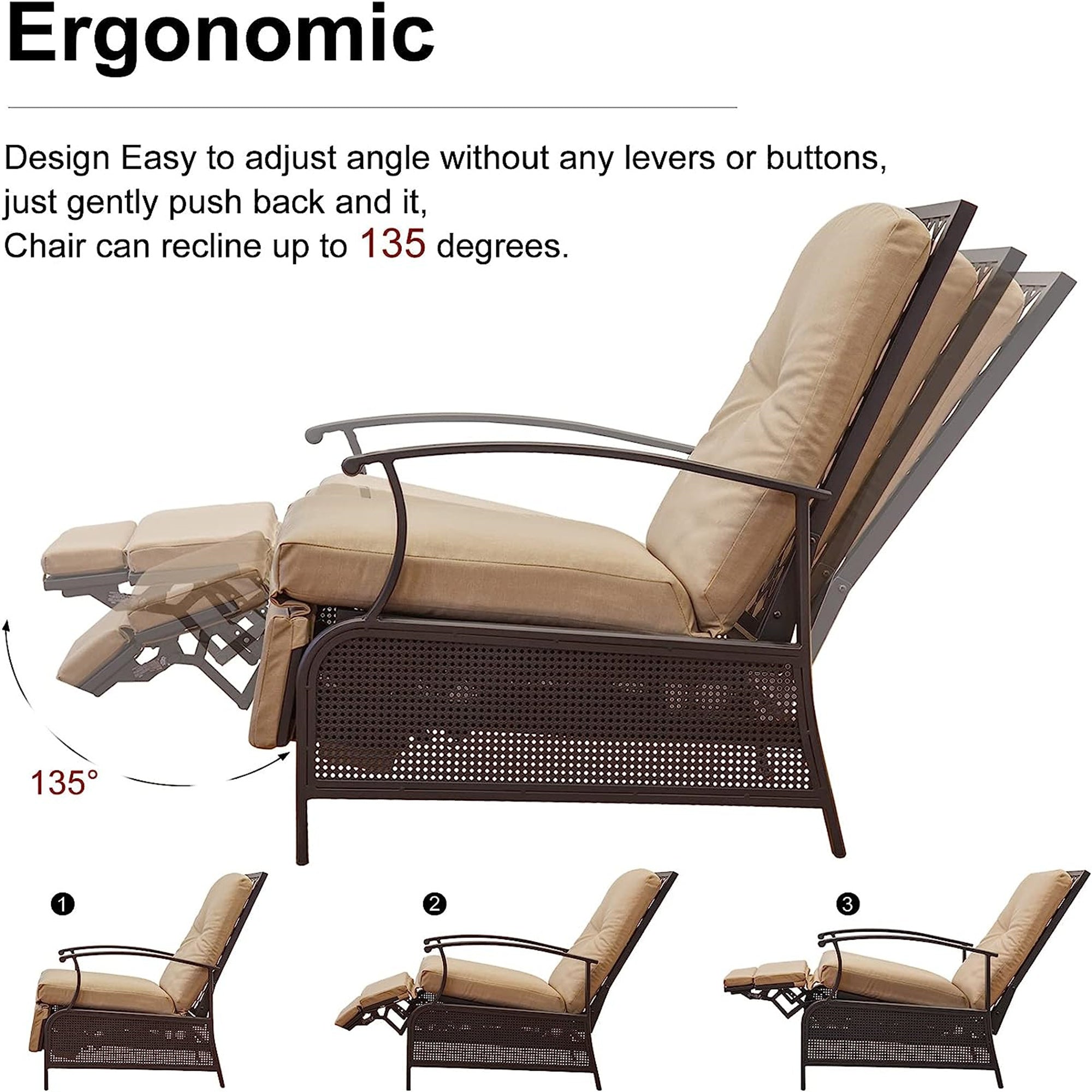 Patio Recliner Chair with Cushions,Outdoor Adjustable Lounge Chair,Reclining Patio Chairs with Strong Extendable Metal Frame for Reading,Garden,Lawn (Khaki, 1 Chair)