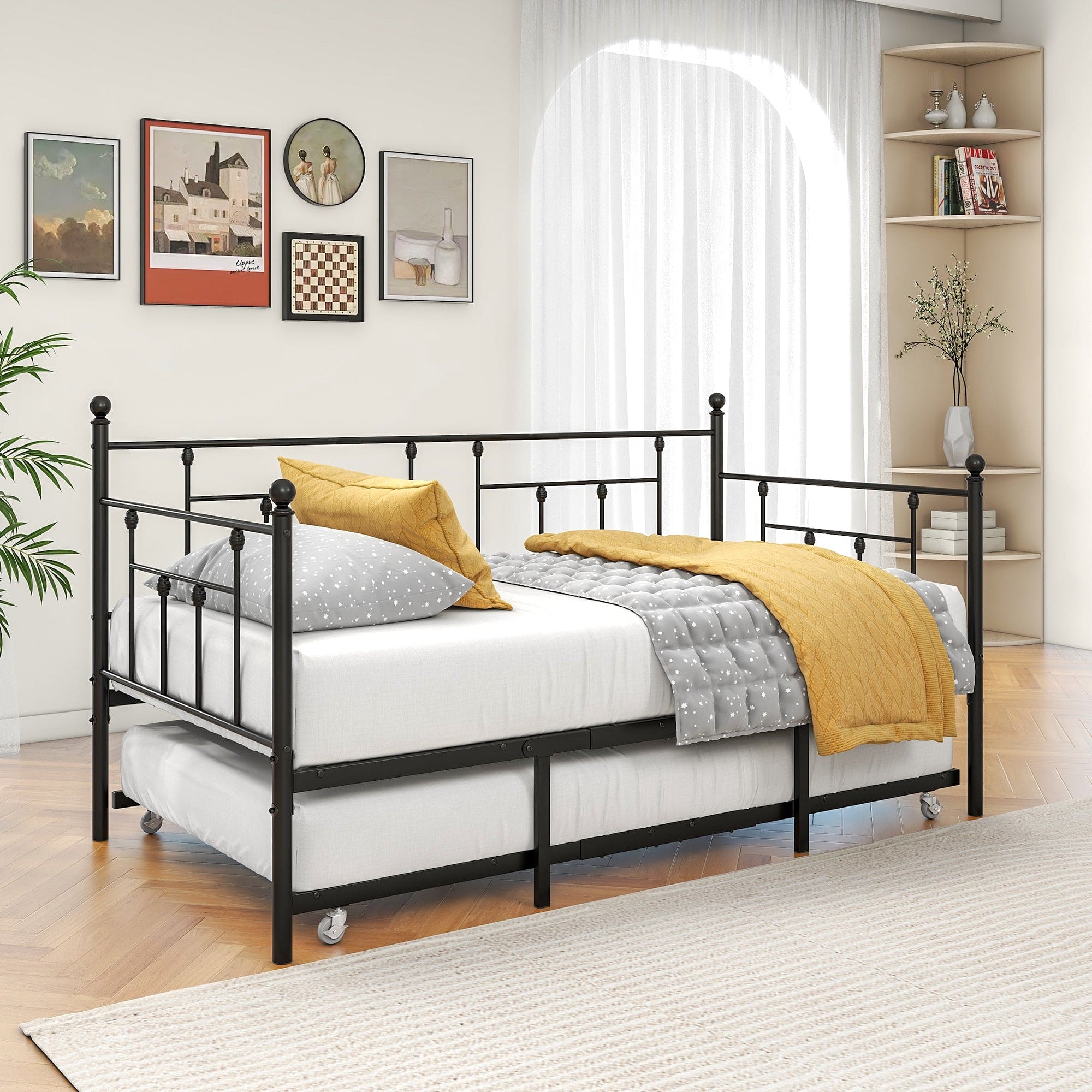 Metal Daybed Frame Twin Size Platform with trundle , No Box Spring Needed Black