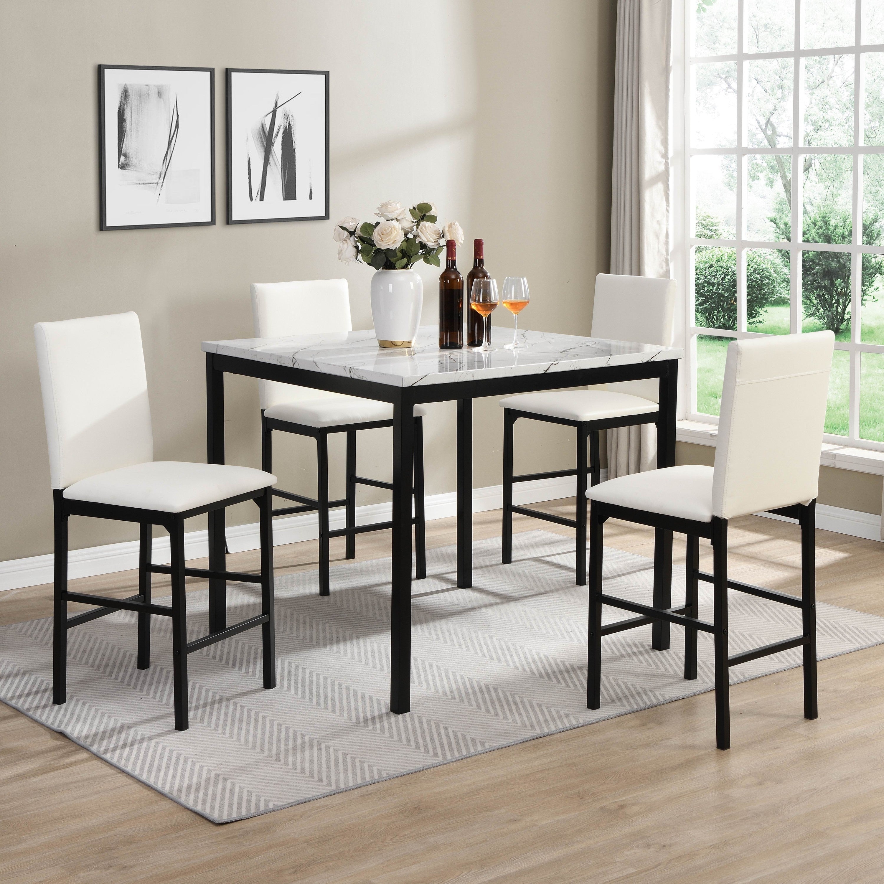 White Counter Height Chairs 4pc Set Black Metal Frame Casual Dining Room Furniture Faux Leather Upholstered