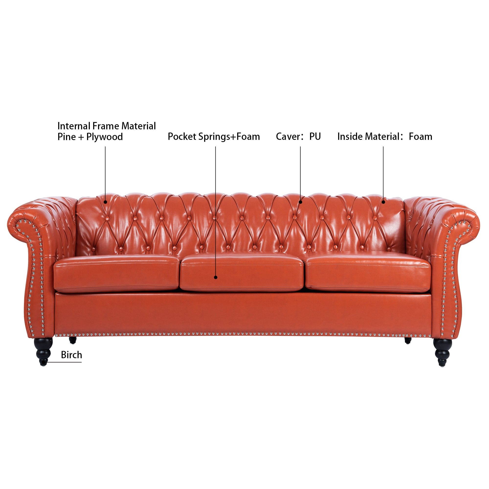 84.65" Rolled Arm Chesterfield 3 Seater Sofa