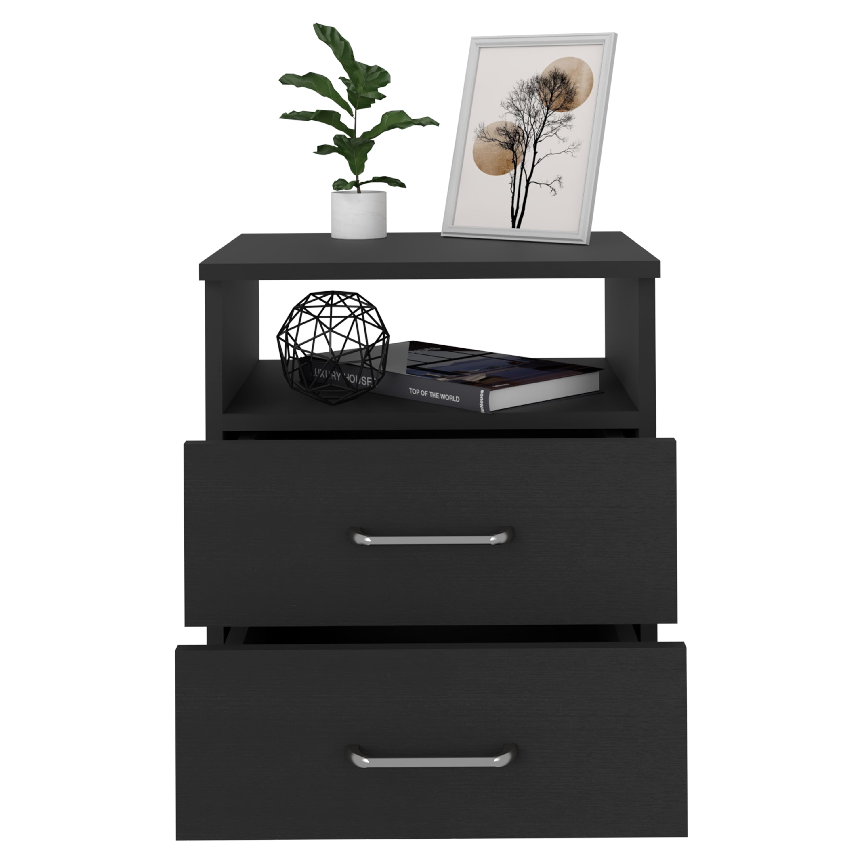 Napoles Nightstand, Superior Top, Two Drawers, One Shelf -Black