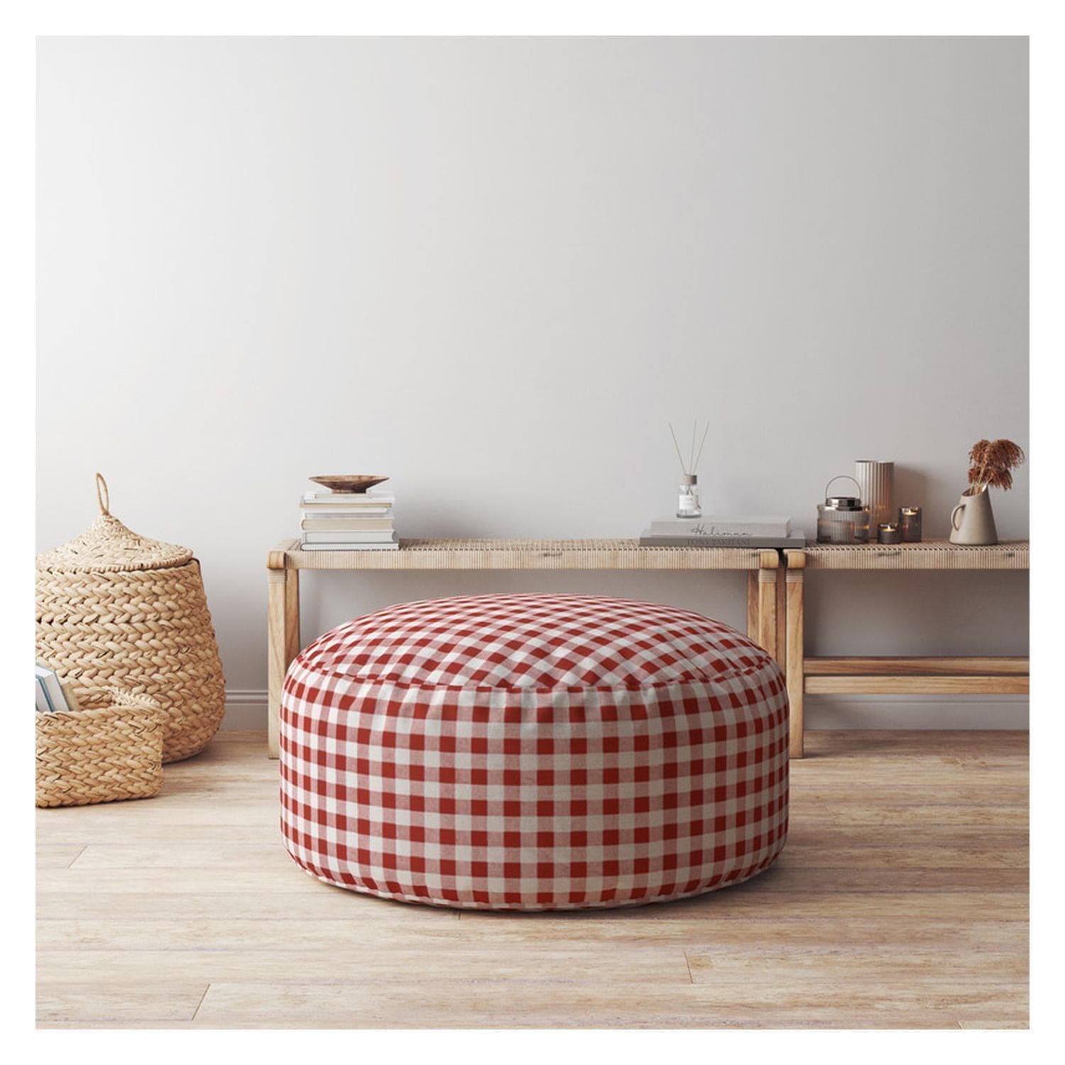 Indoor PLAIDO Bright Red Round Zipper Pouf - Stuffed - Extra Beads Included! - 24in dia x 20in tall