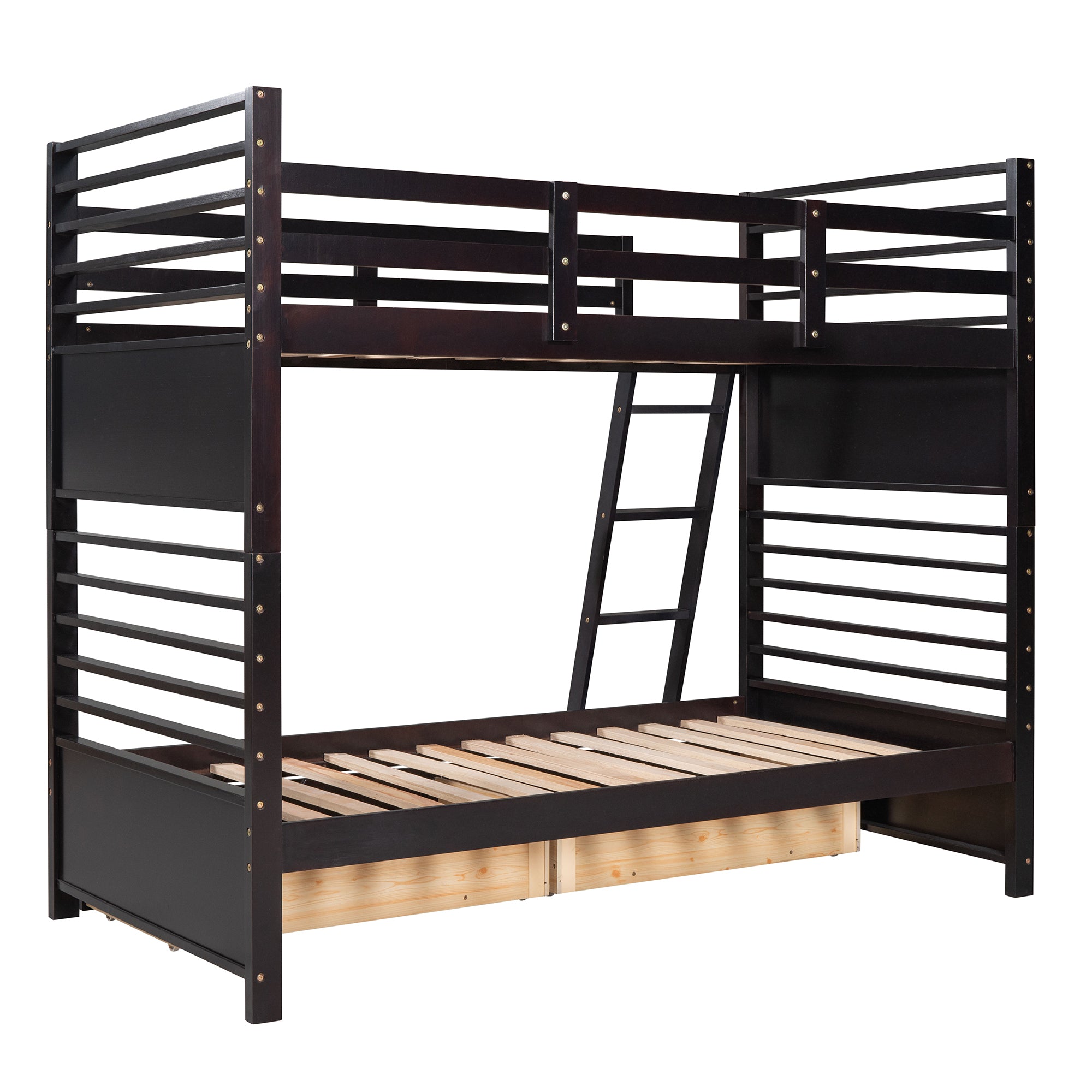 Twin over Twin Wood Bunk Bed with Two Drawers - Espresso·