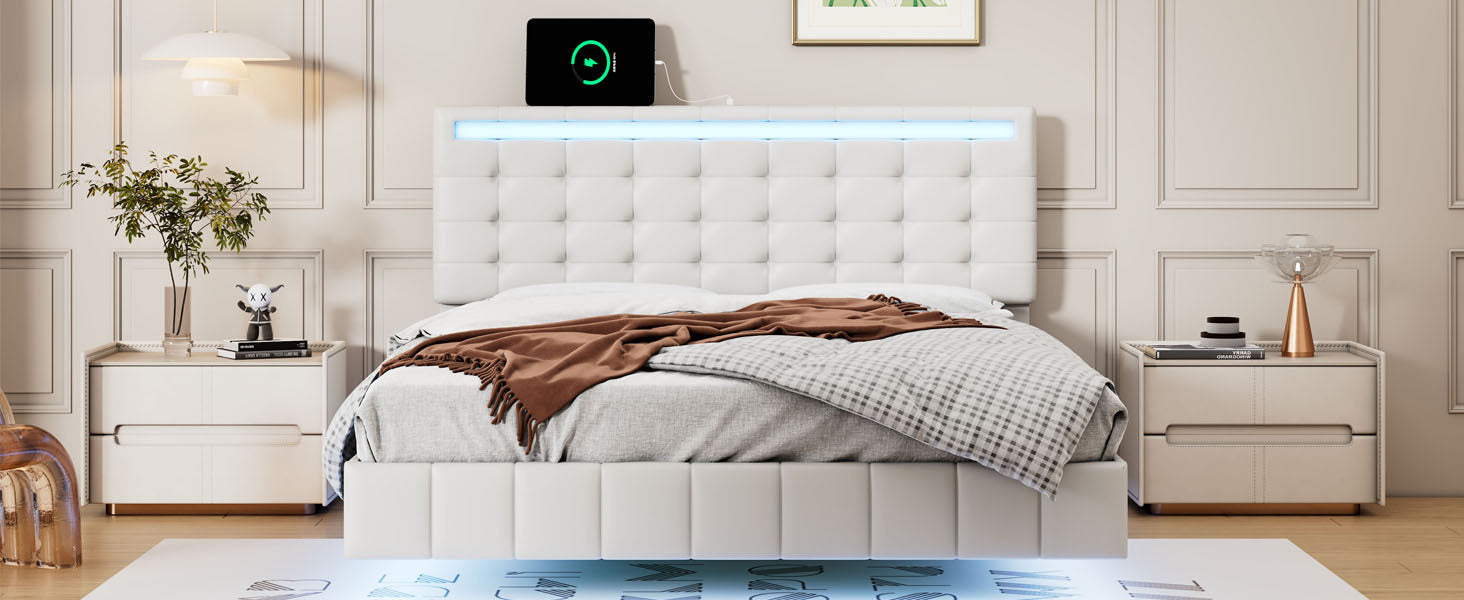 Full Size Floating Bed Frame with LED Lights and USB Charging,Modern Upholstered Platform LED Bed Frame,White(Full)