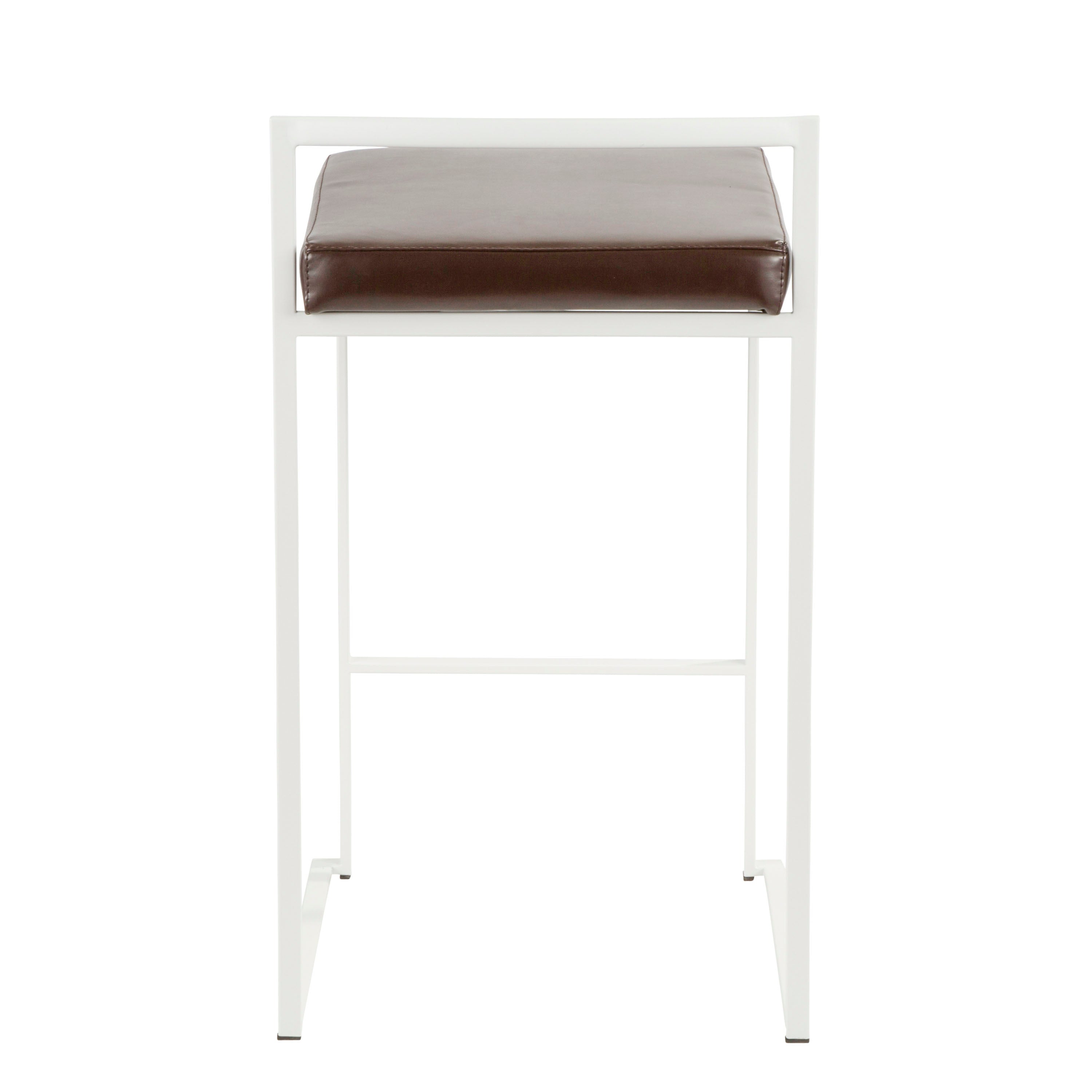 Fuji Contemporary Stackable Counter Stool in White with Brown Faux Leather Cushion by LumiSource - Set of 2