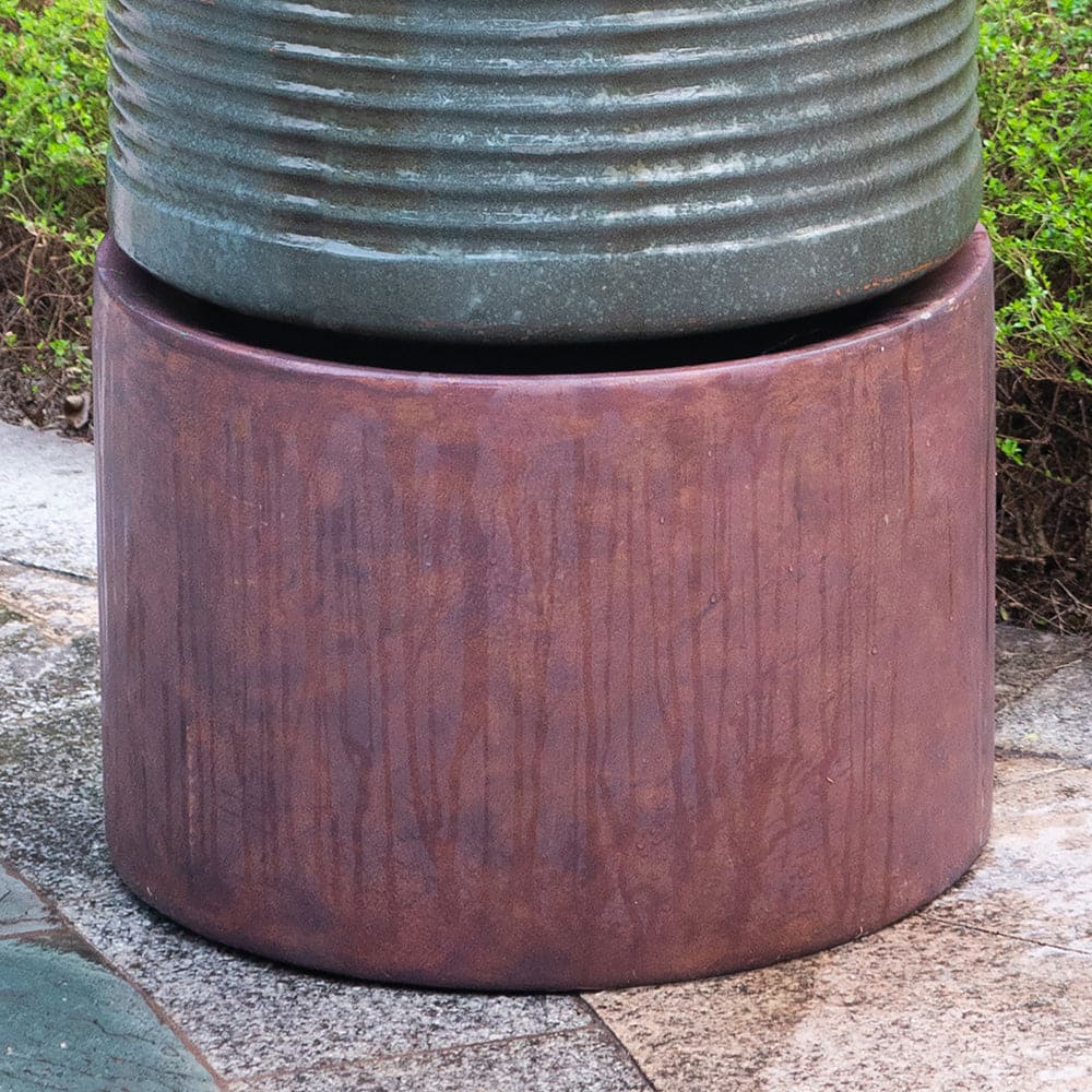 44" Tall Large Modern Cylinder Ribbed Tower Water Fountain With Rustic Base, Contemporary Antique Green Copper Finish Outdoor Bird Feeder / Bath Cement Fountain