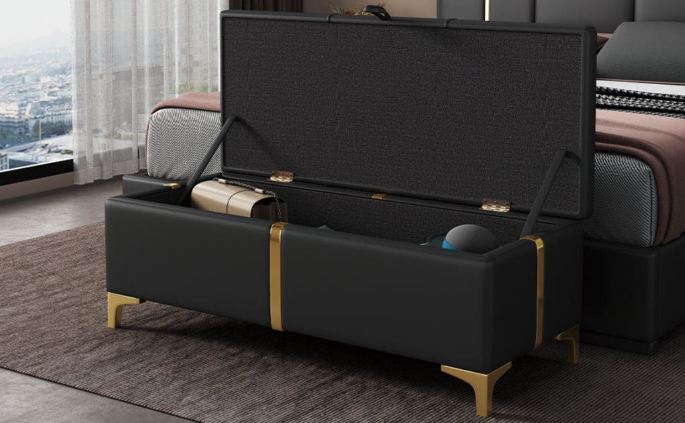 Elegant Upholstered Storage Ottoman,Storage Bench with Metal Legs for Bedroom,Living Room,Fully Assembled Except Legs,Black