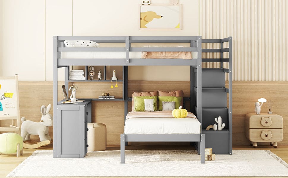 Full Over Twin Bunk Bed with Desk, Drawers and Shelves, Gray