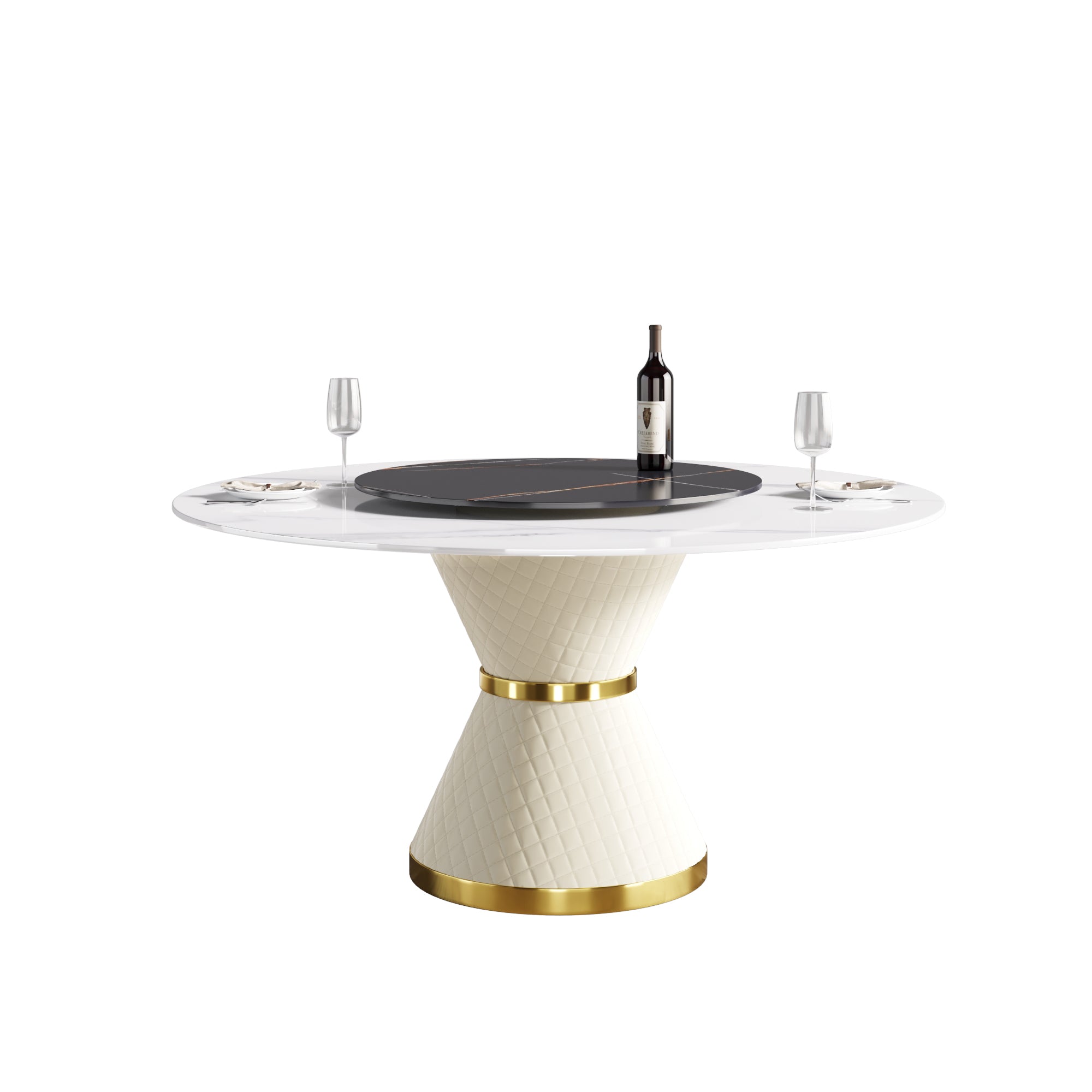 59.05"Modern artificial stone round white carbon steel base dining table-can accommodate 6 people-31.5"black artificial stone turntable