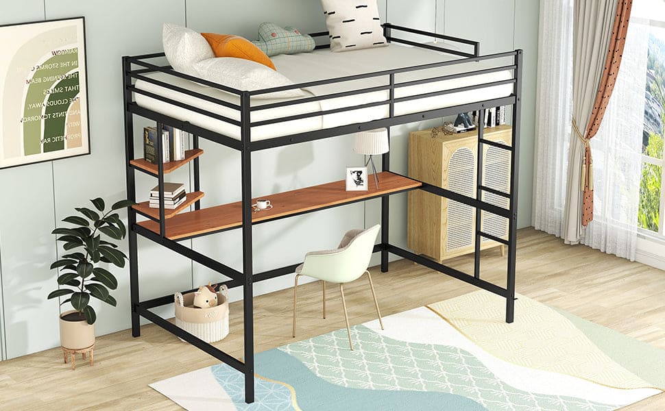 Full Metal Loft Bed with Desk and Shelve, Black