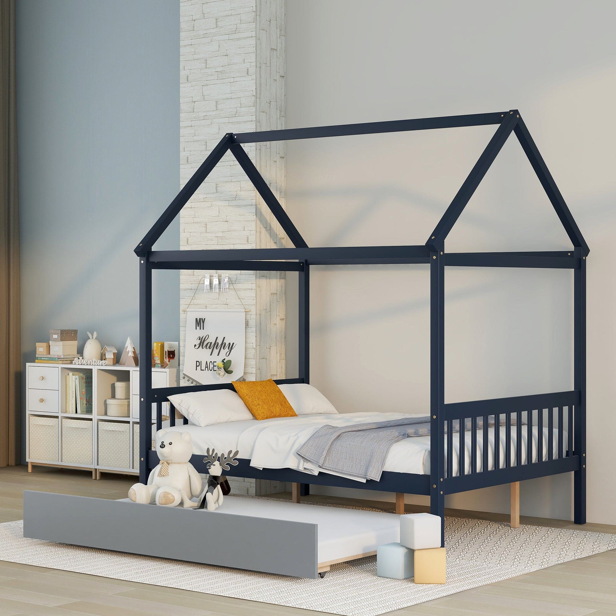 NAVY BLUE HOUSE FULL BED WITH TRUNDLE OF GREY COLOR