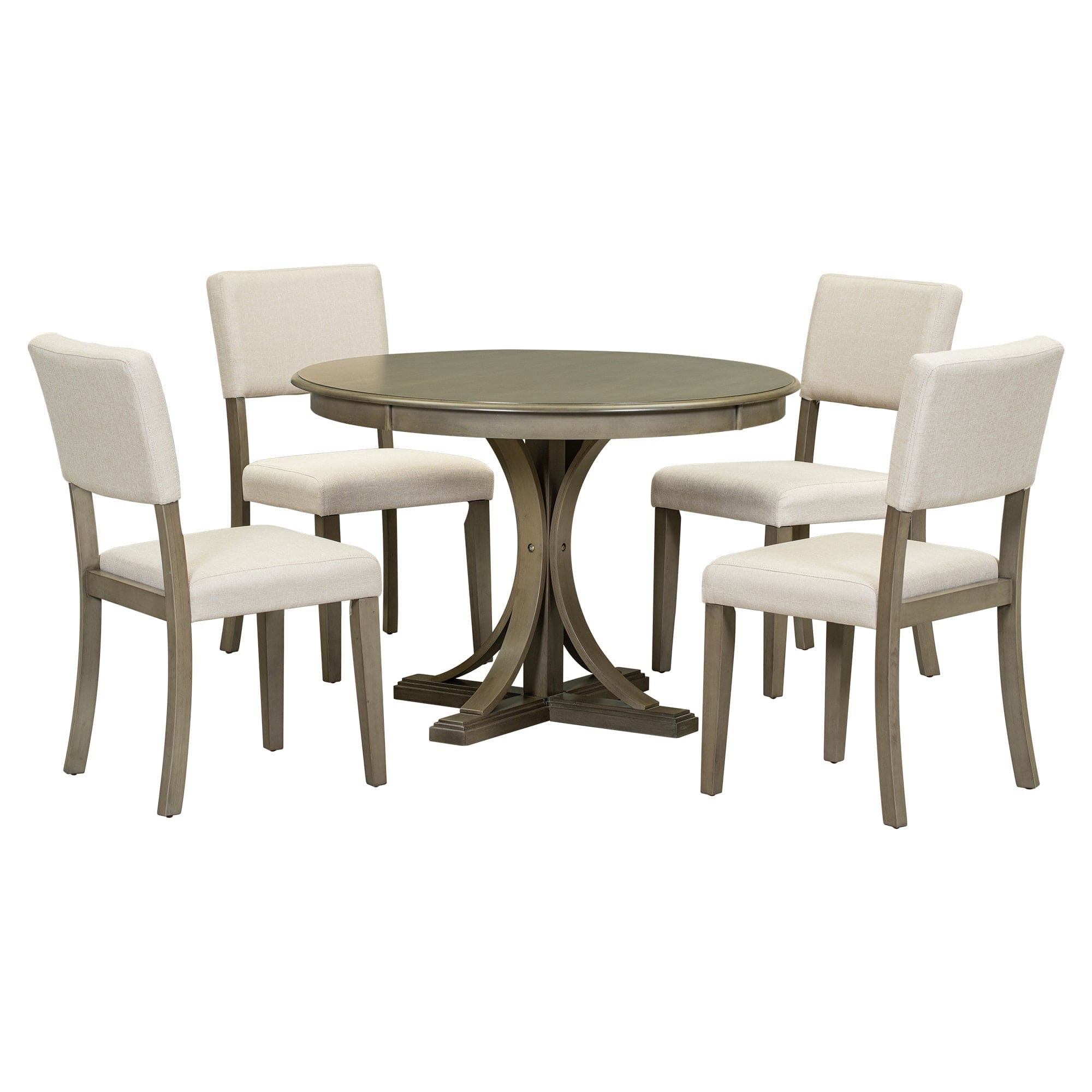 TREXM 5-Piece Retro Round Dining Table Set with Curved Trestle Style Table Legs and 4 Upholstered Chairs for Dining Room (Taupe)