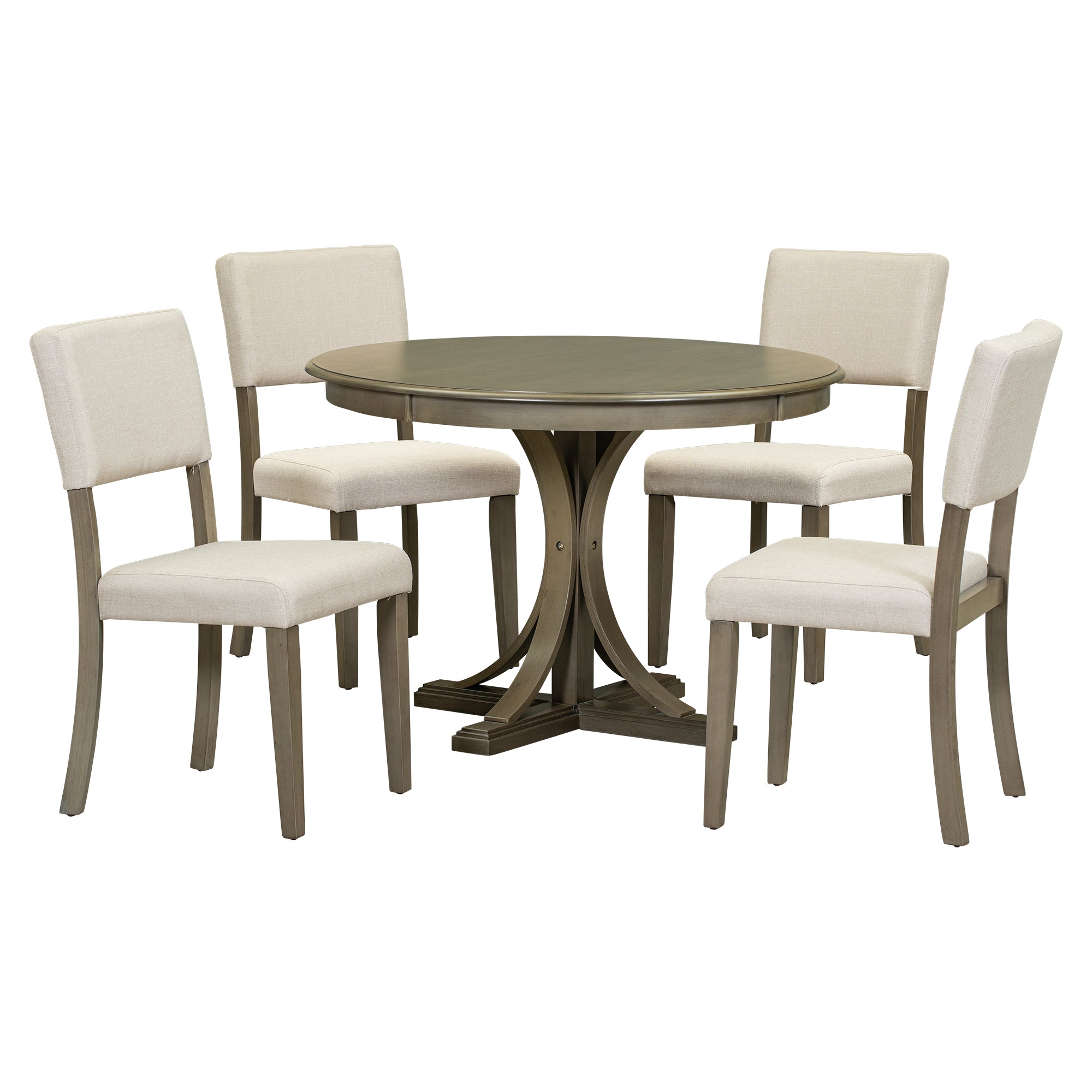 TREXM 5-Piece Retro Round Dining Table Set with Curved Trestle Style Table Legs and 4 Upholstered Chairs for Dining Room (Taupe)