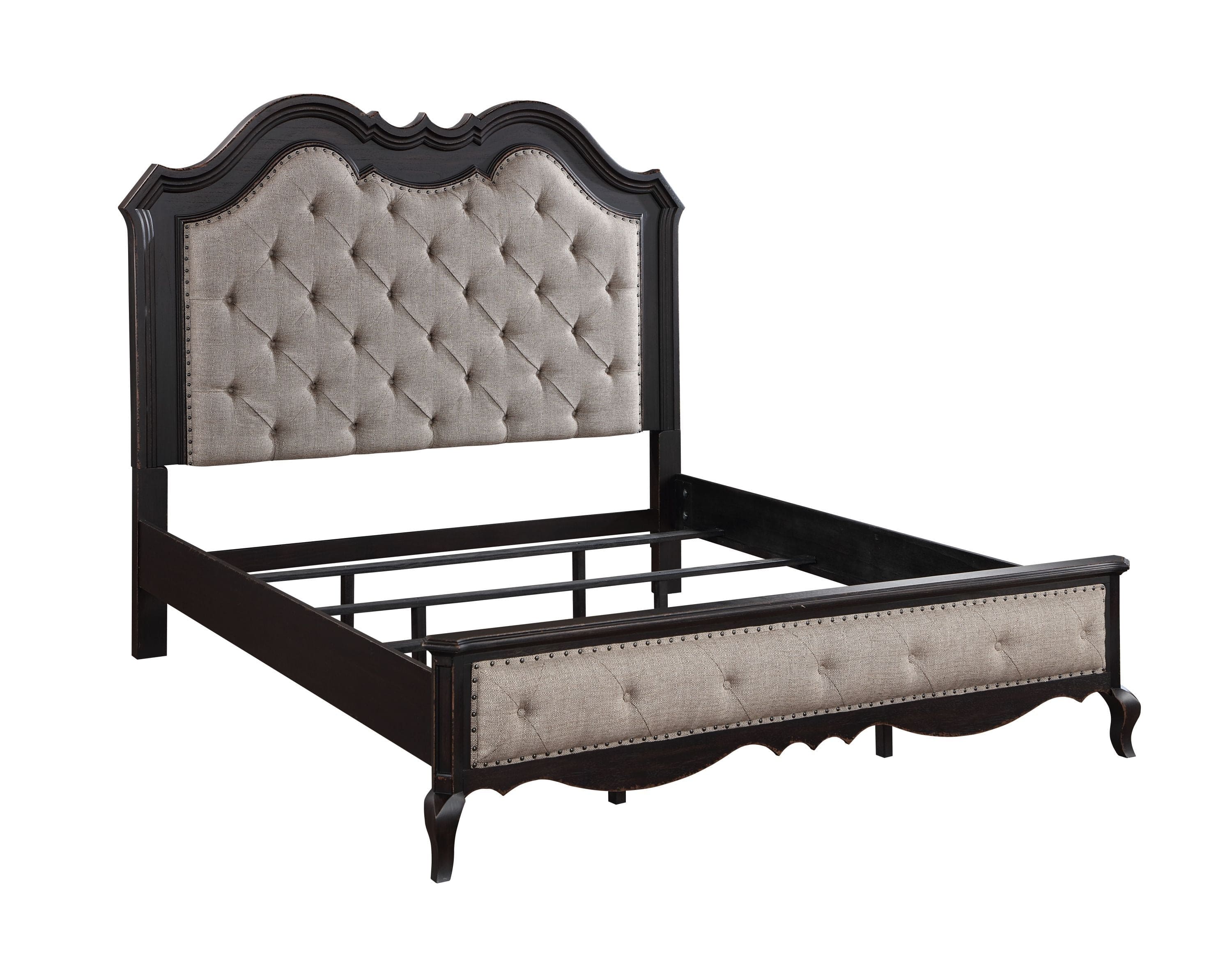 ACME Chelmsford California King Bed, Beige Fabric & Antique Black Finish BD02294CK