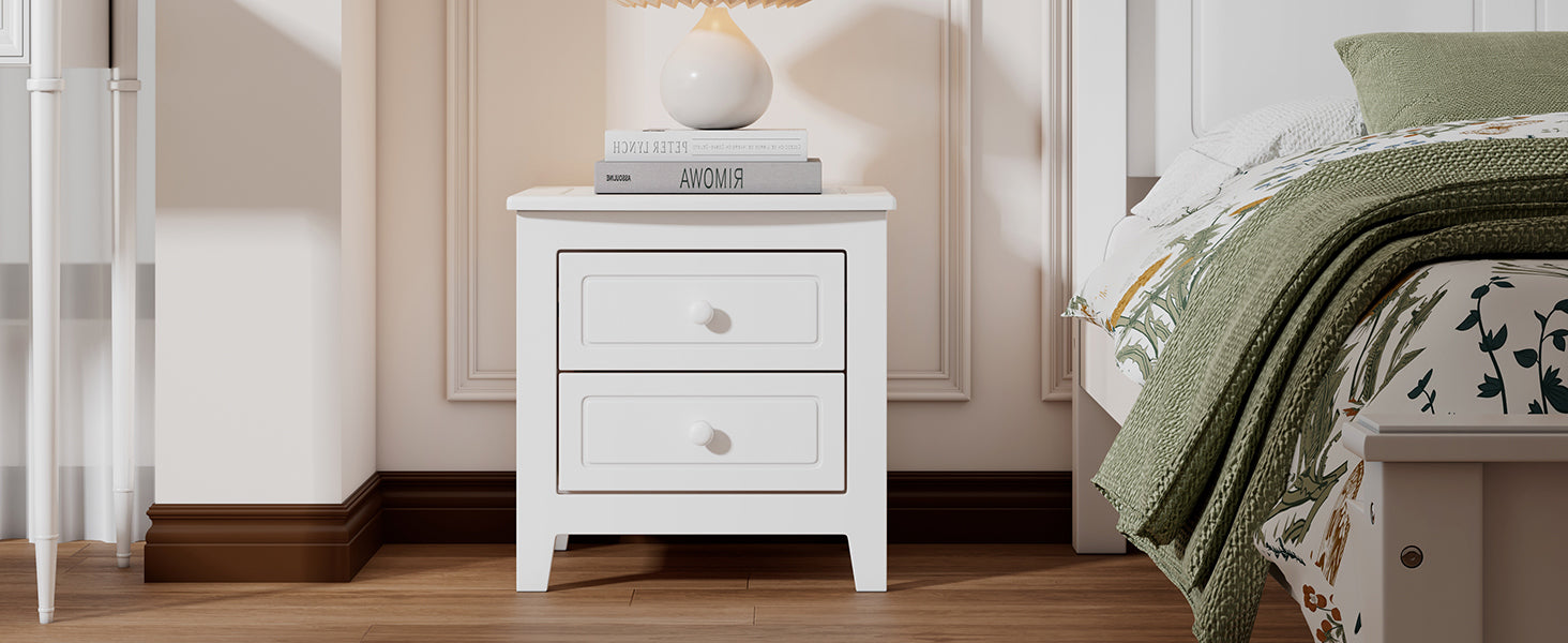 2-Drawer Nightstand for Bedroom, Mid Century Retro Bedside Table with Classic Design,White