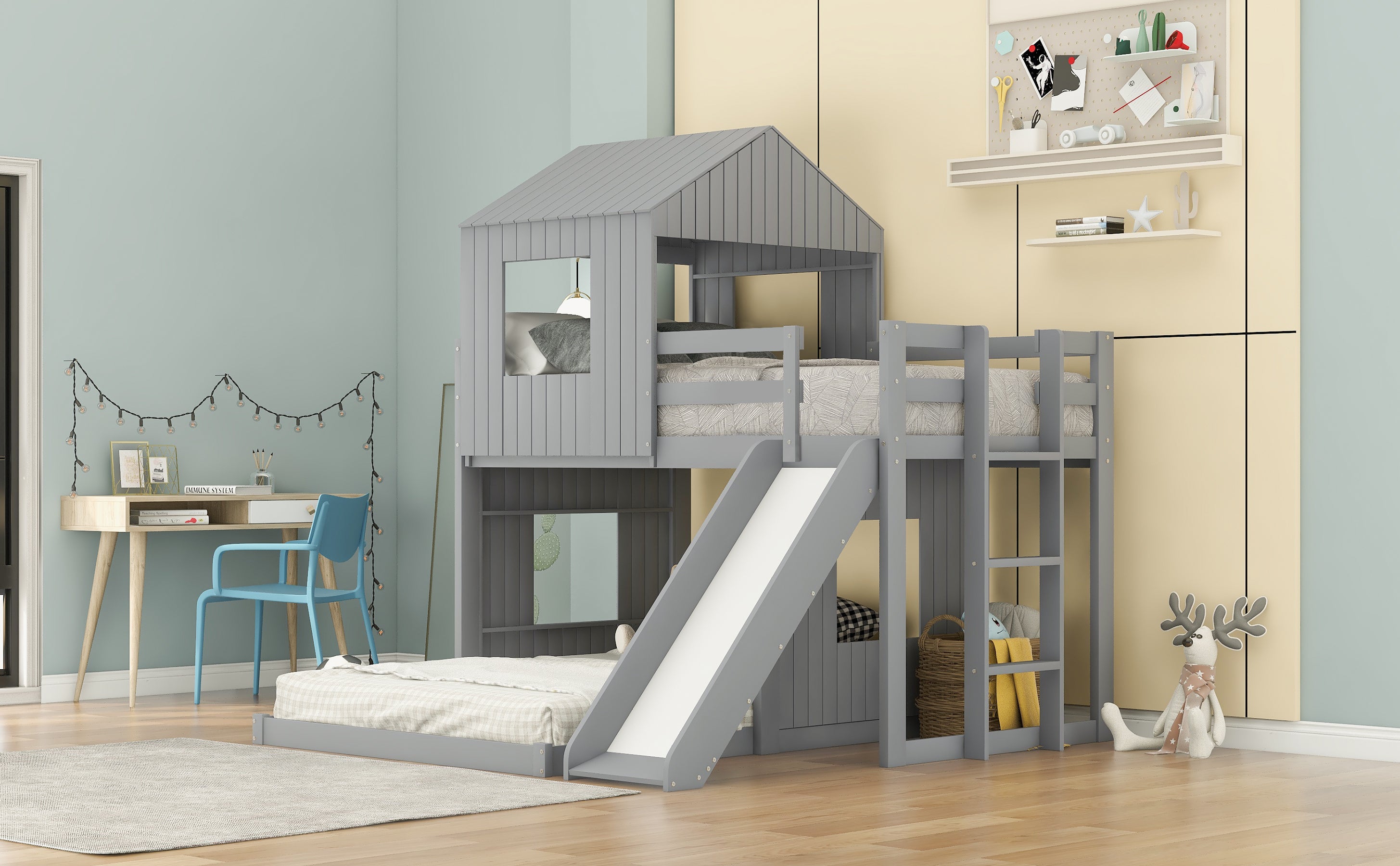 Wooden Twin Over Full Bunk Bed, Loft Bed with Playhouse, Farmhouse, Ladder, Slide and Guardrails, Gray(OLD SKU :LT000028AAN)