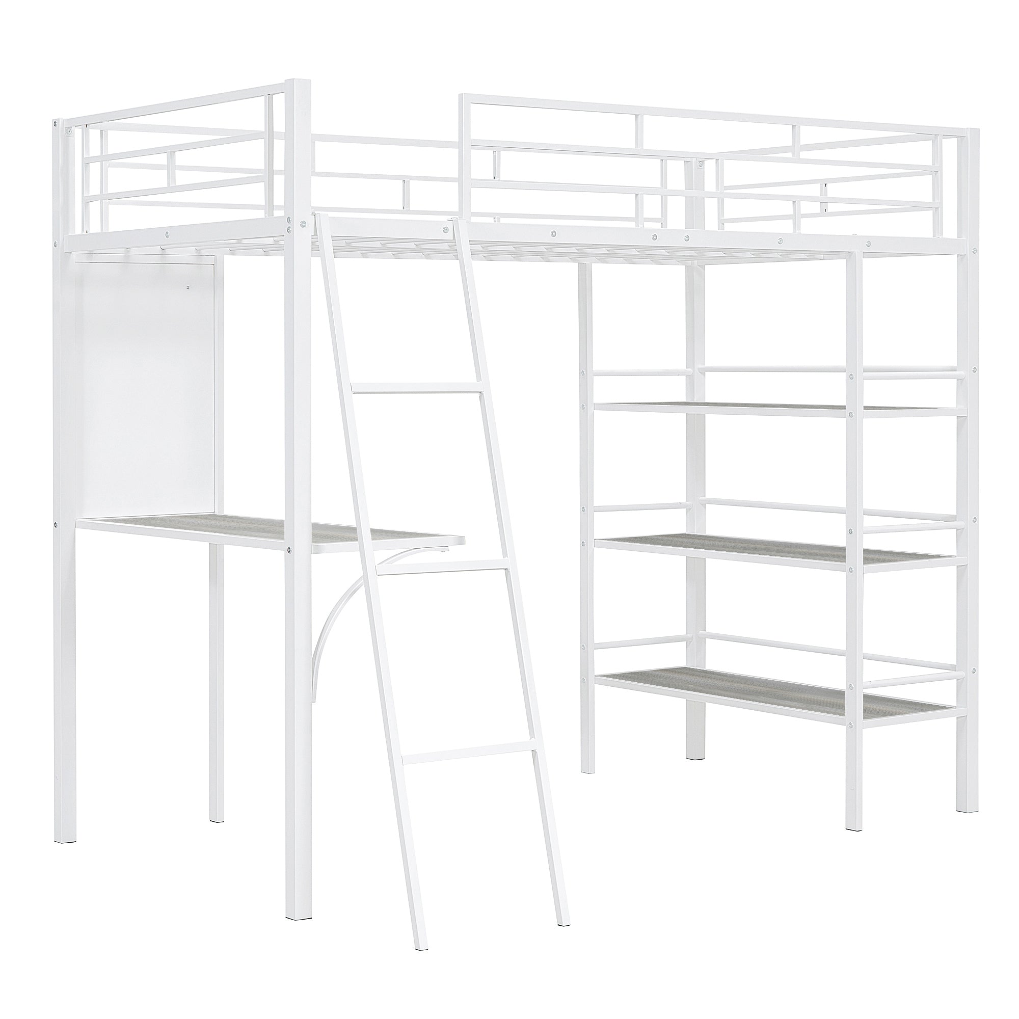 Twin Size Loft Metal Bed with 3 Layers of Shelves and Desk, Stylish Metal Frame Bed with Whiteboard, White