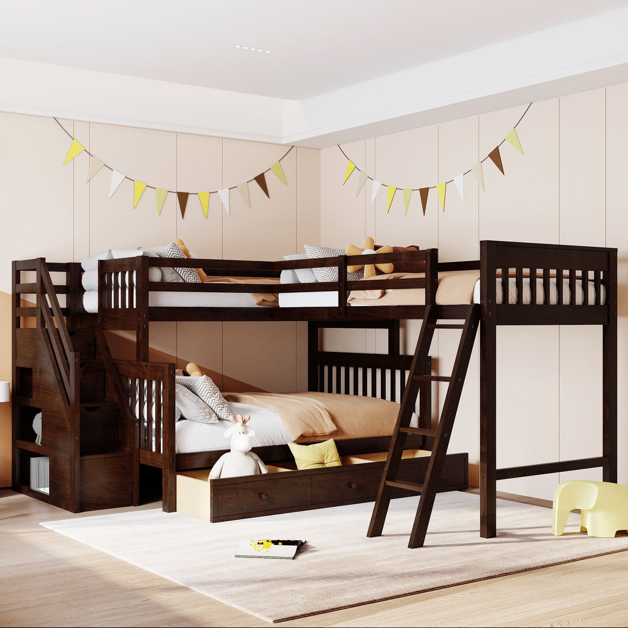 Twin over Full L-Shaped Bunk Bed With 3 Drawers, Ladder and Staircase - Espresso