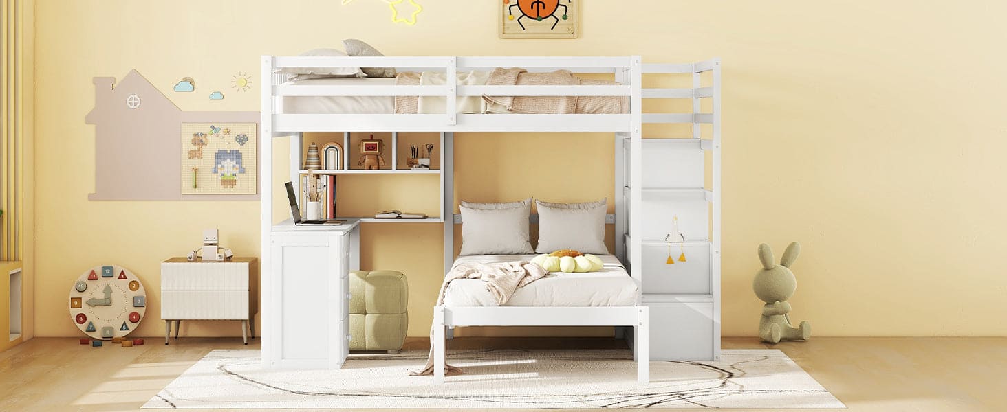 Full Over Twin Bunk Bed with Desk, Drawers and Shelves, White