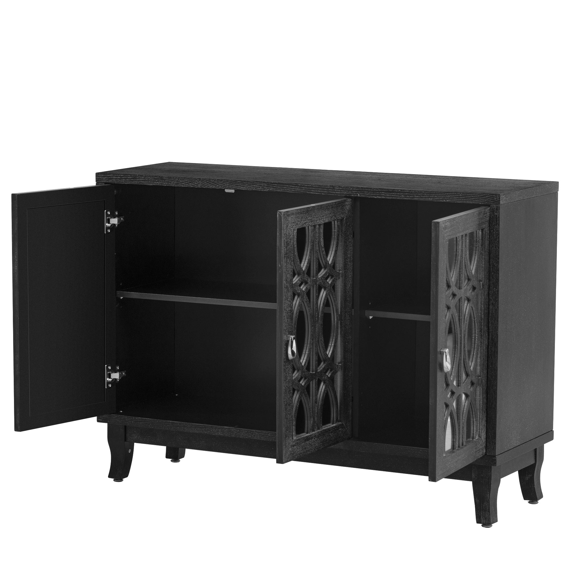 TREXM Sideboard with Glass Doors, 3 Door Mirrored Buffet Cabinet with Silver Handle for Living Room, Hallway, Dining Room (Black)