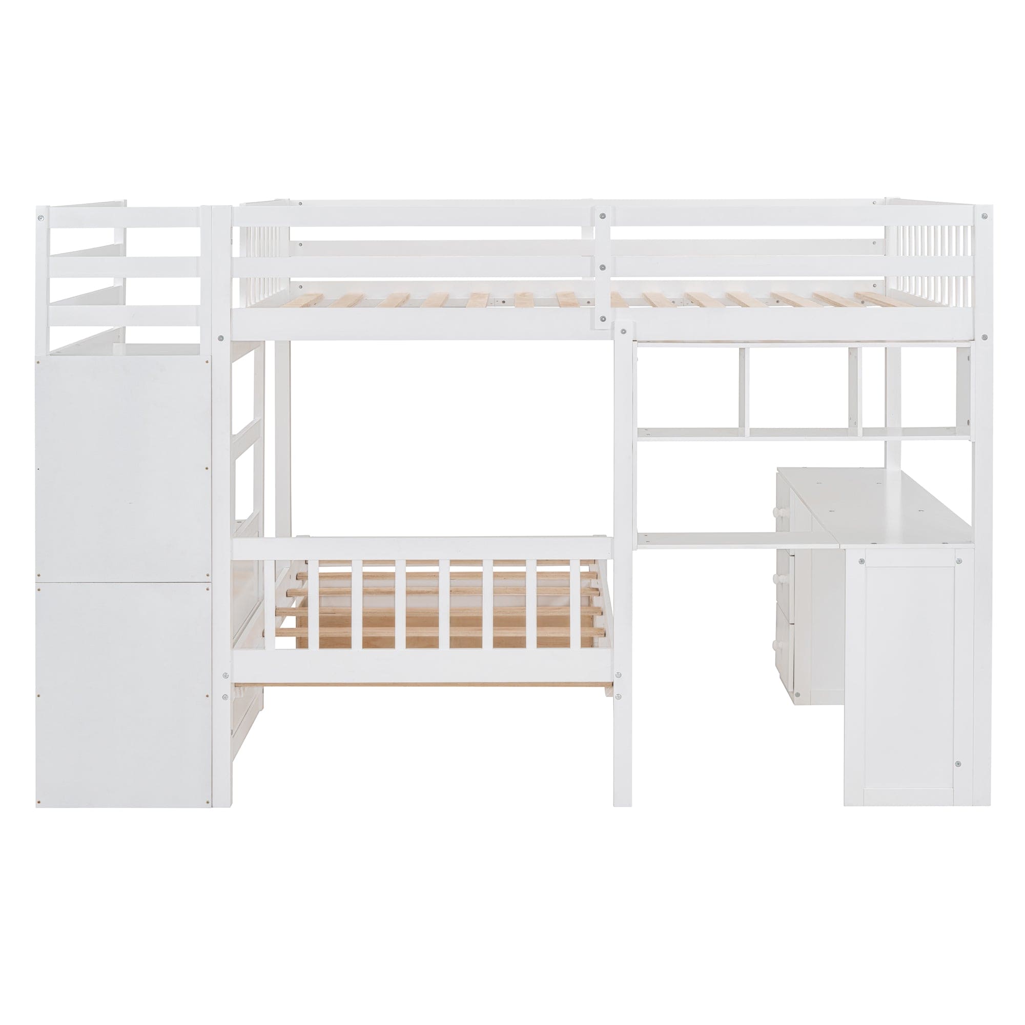 Full Over Twin Bunk Bed with Desk, Drawers and Shelves, White