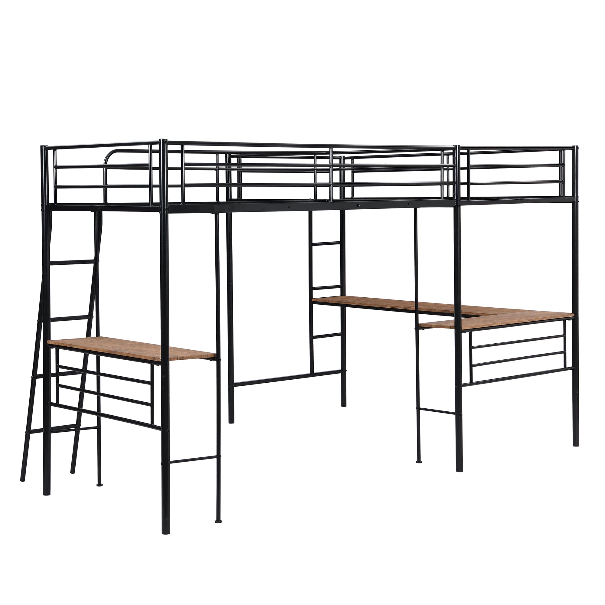 Twin Size Metal Loft Bed with Two Built-in Desks,Black