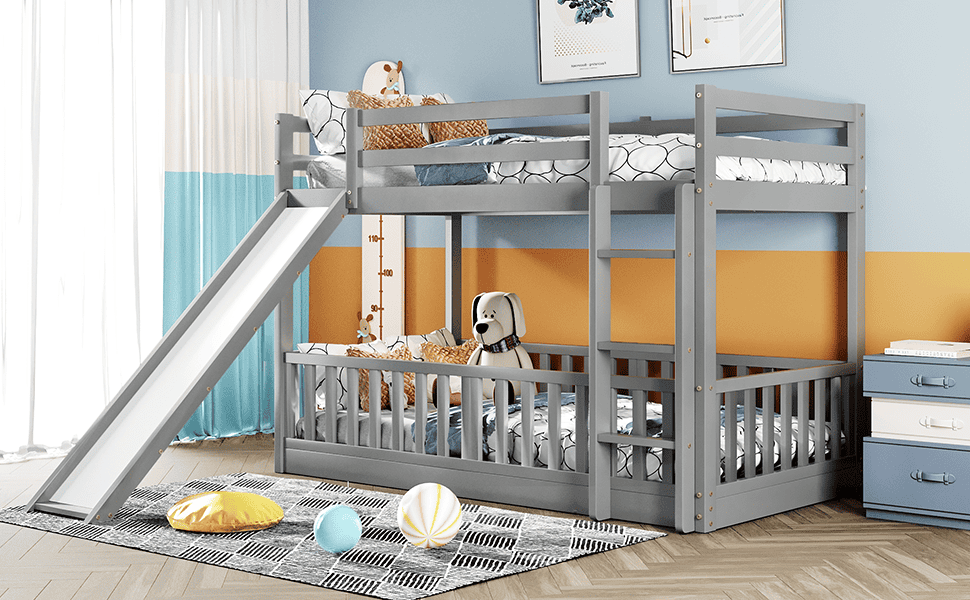 Twin Over Twin Bunk Bed with Slide and Ladder, Gray（Old SKU:LP000009AAE）