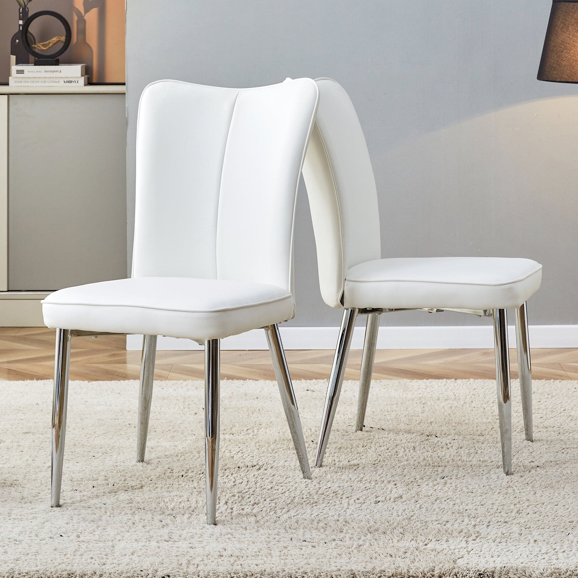 Modern minimalist dining chairs, office chairs. 2-piece set of white PU seats with silver metal legs. Suitable for restaurants, living rooms, and offices. C-008