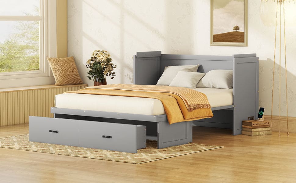 Queen Size Murphy Bed with USB Port and a Large Drawer, Gray