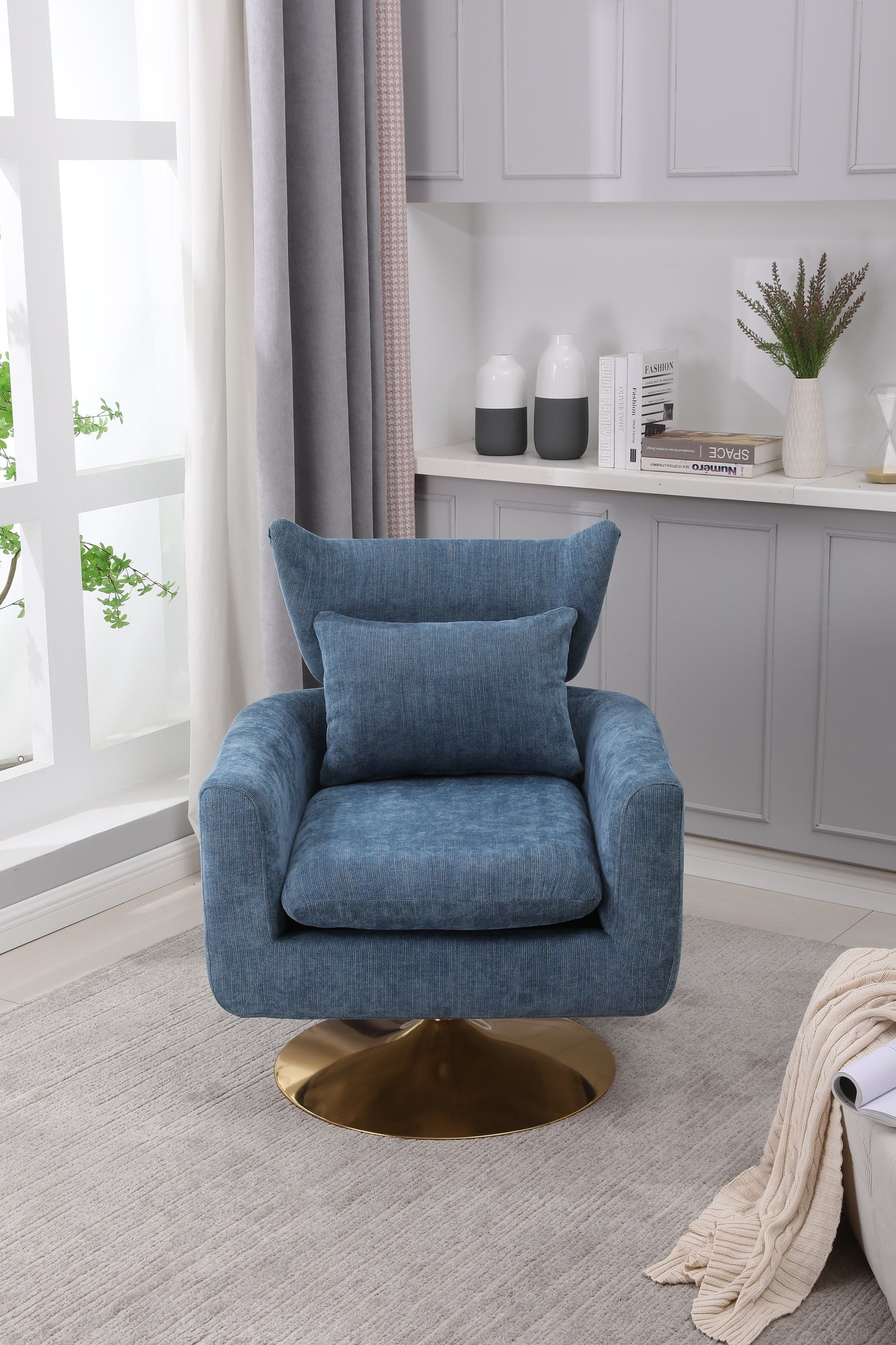 Classic Mid-Century 360-degree Swivel  Accent Chair, Blue Linen