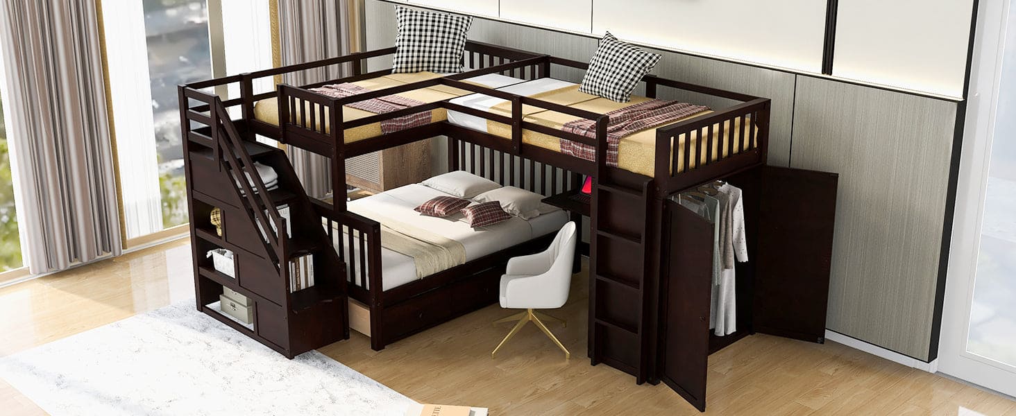 Twin-Twin over Full L-Shaped Bunk Bed With 3 Drawers, Portable Desk and Wardrobe, Espresso