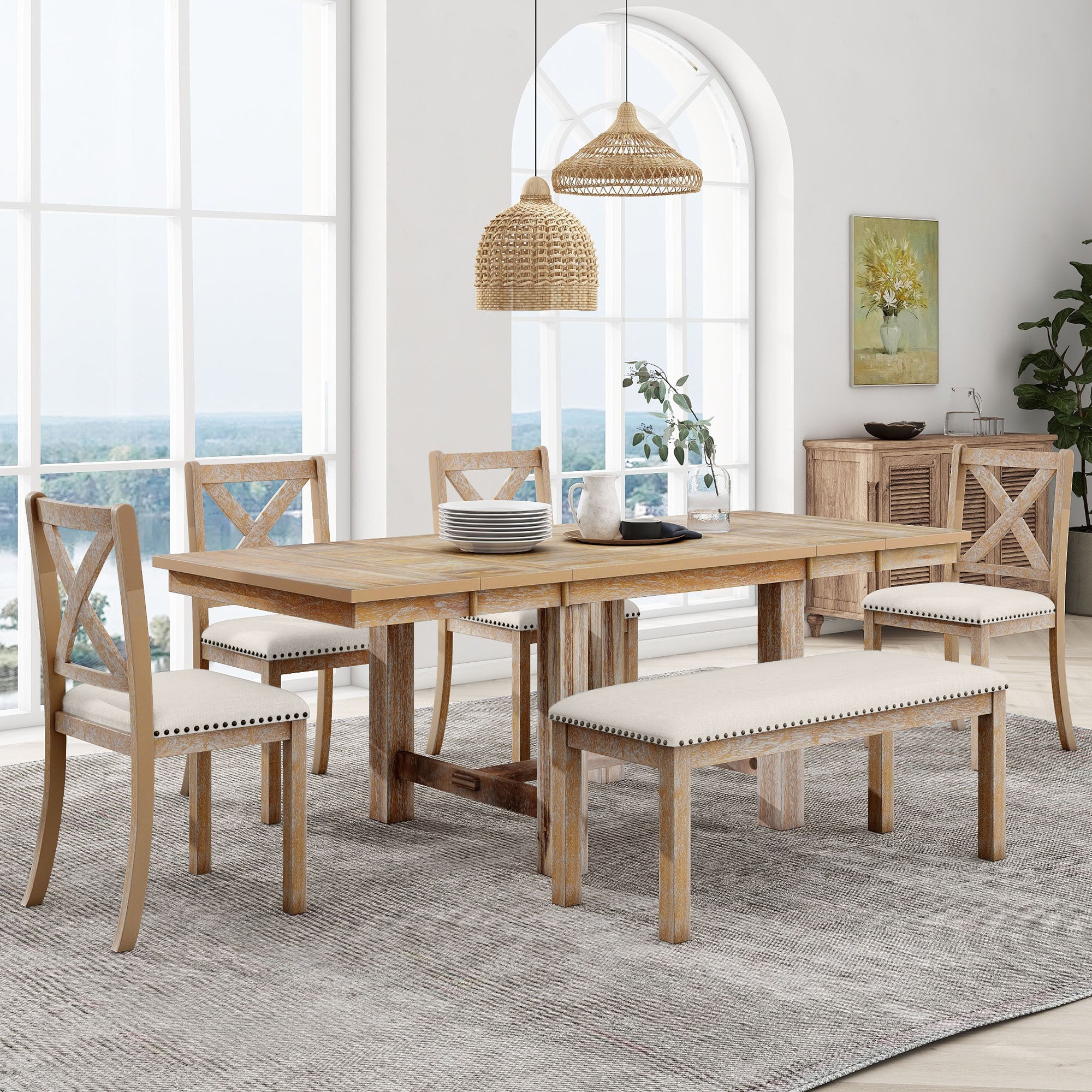 TOPMAX Farmhouse 82inch 6-Piece Extendable Dining Table with Footrest, 4 Upholstered Dining Chairs and Dining Bench, Two 11"Removable Leaf, Natural+Beige Cushion