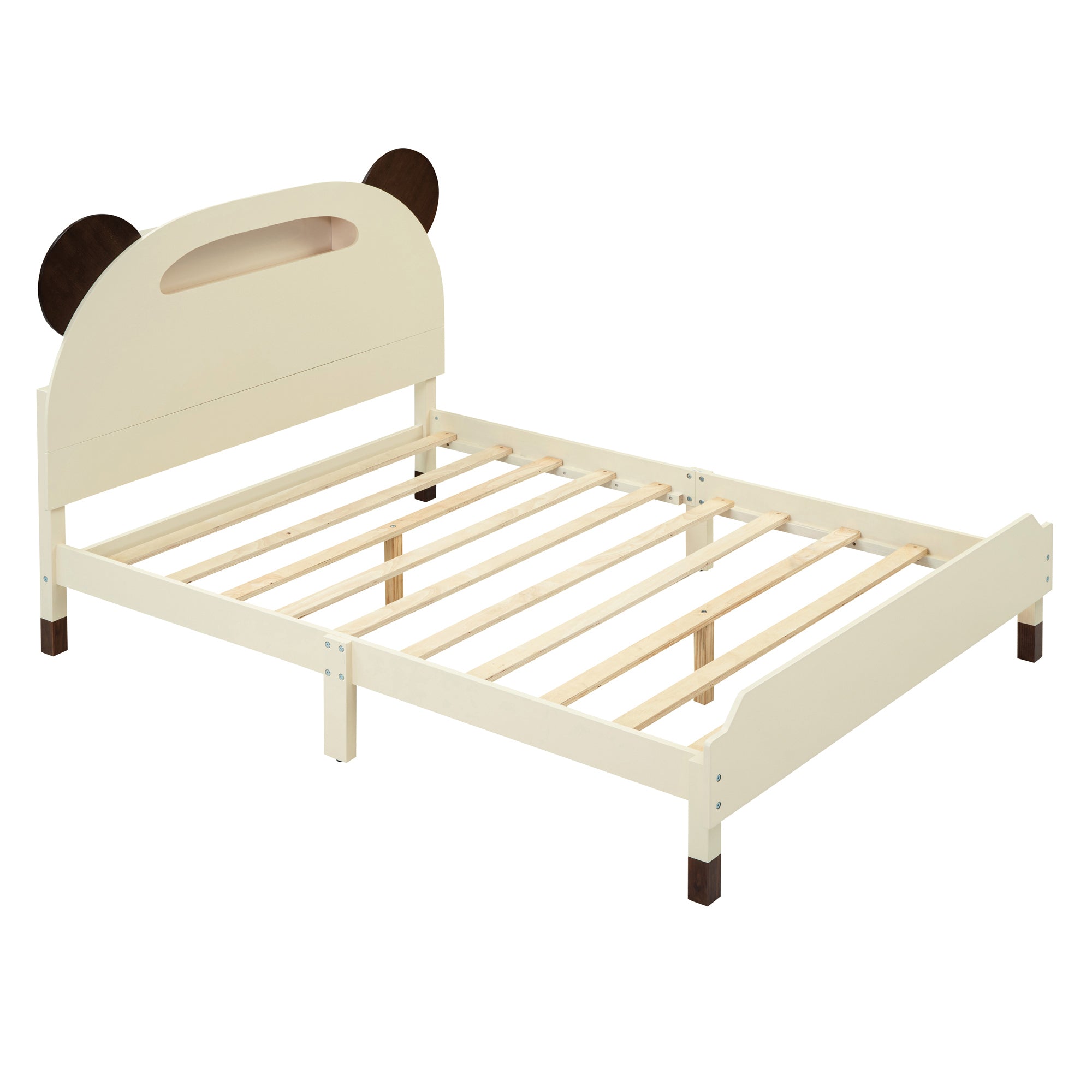 3-Pieces Bedroom Sets Full Size Bear-Shape Platform Bed with Nightstand and Storage dresser,Cream+Walnut