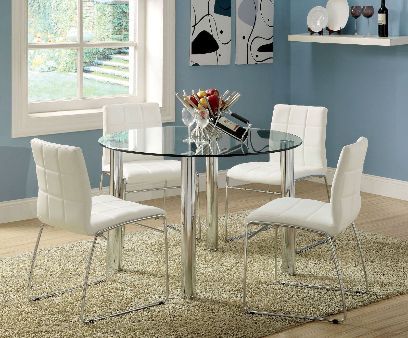 White Color Leatherette 2pcs Dining Chairs Chrome Metal Legs Dining Room Side Chairs