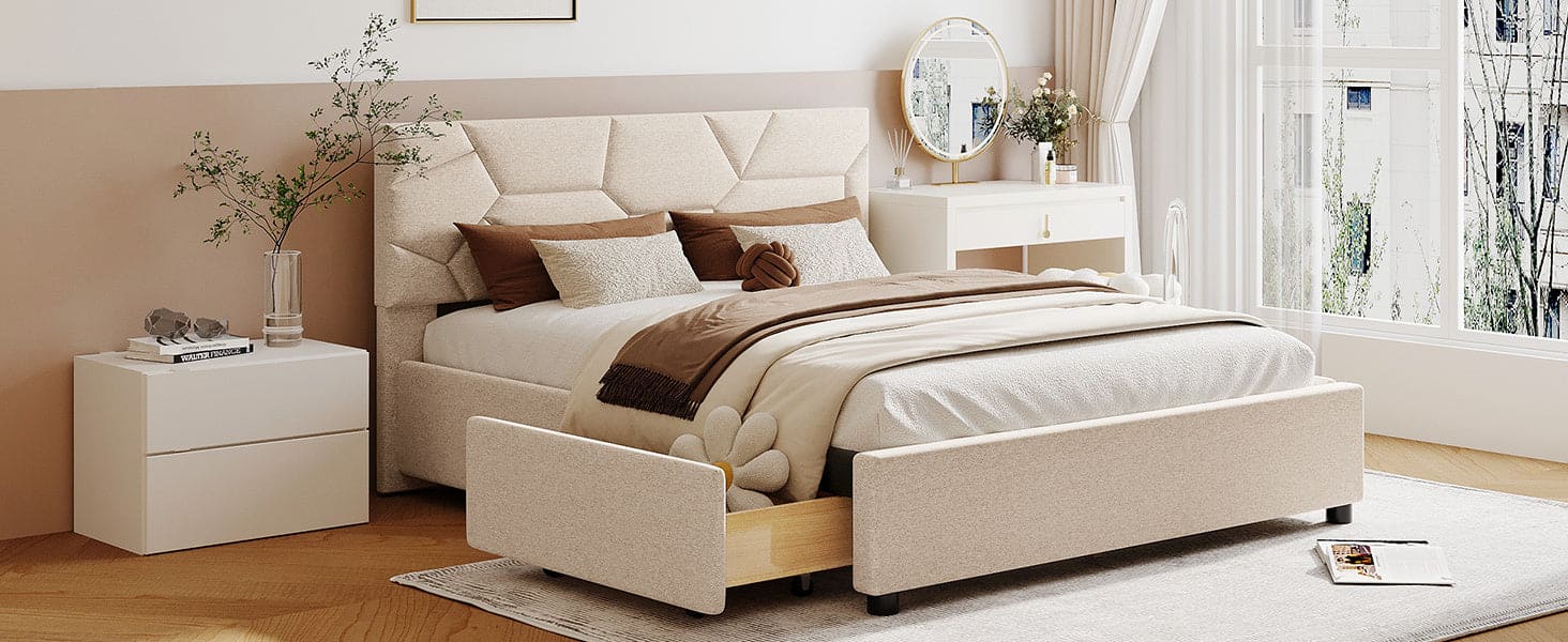 Queen Size Upholstered Platform Bed with Brick Pattern Headboard and 4 Drawers, Linen Fabric, Beige