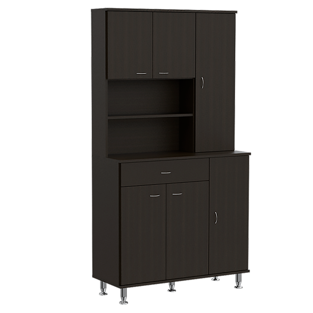 Della 90 Kitchen Pantry, One Drawer, Multiple Cabinets, Two Open Shelves -Black