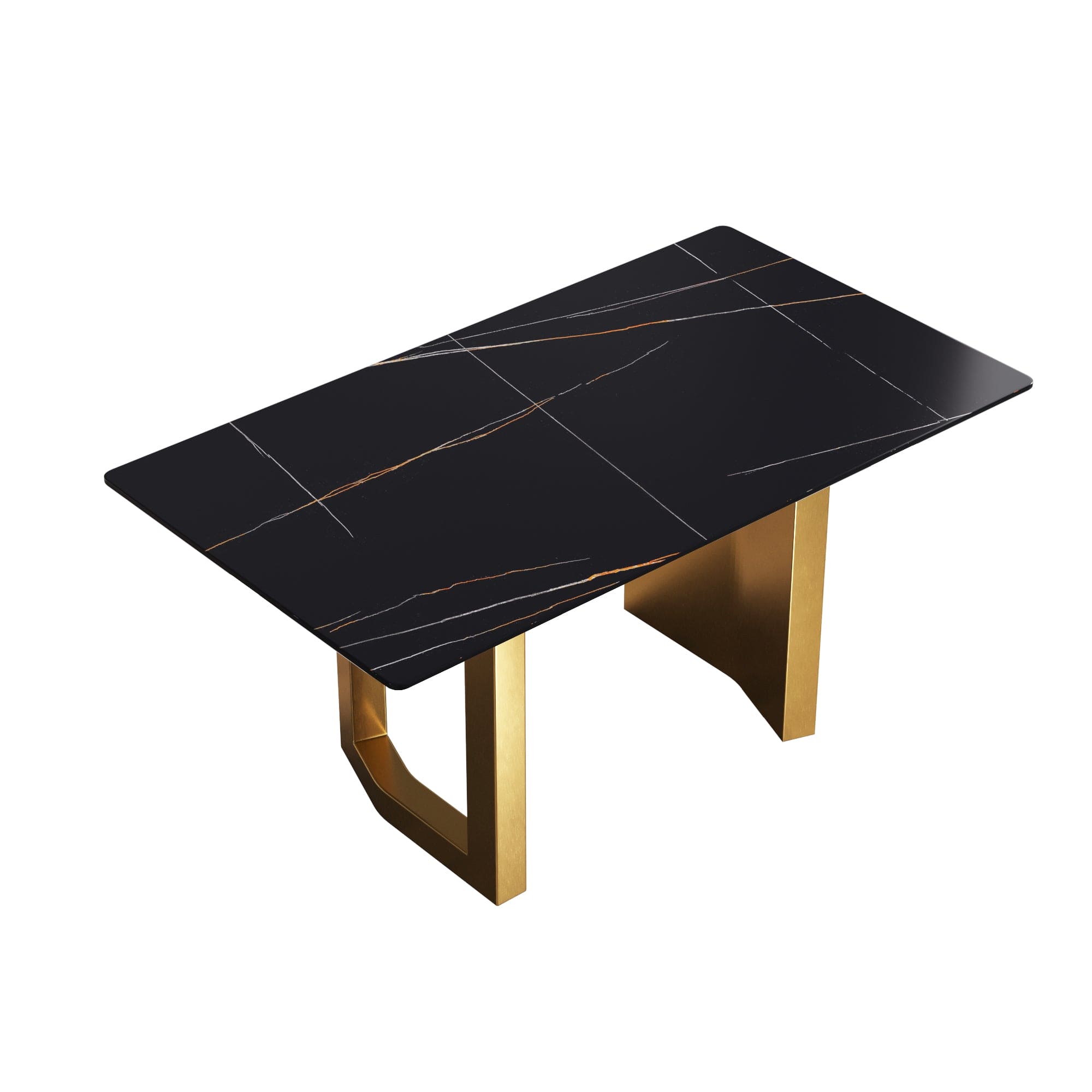 63"Modern artificial stone black straight edge golden metal leg dining table -6 people