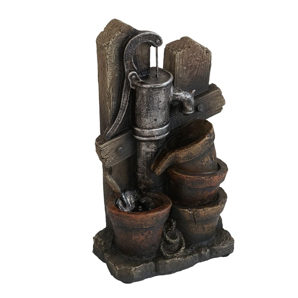 7.7x3.9x13.6" Brown and Gray Water Fountain with Antique Water Pump Design and LED Light