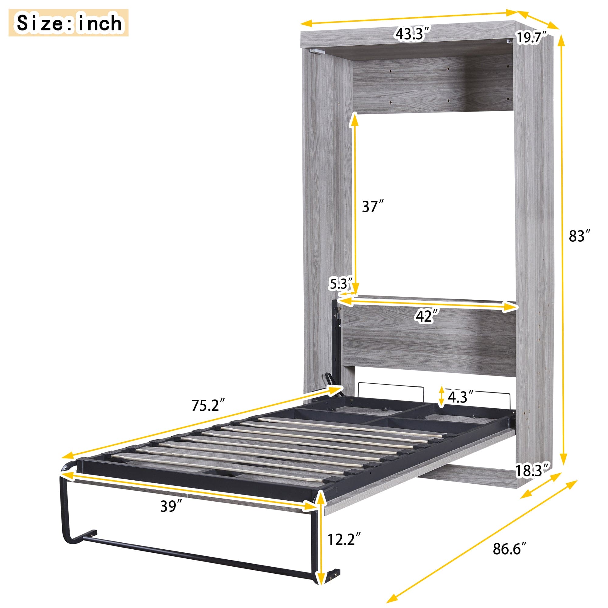 Twin Size Murphy Bed, can be Folded into a Cabinet, Gray