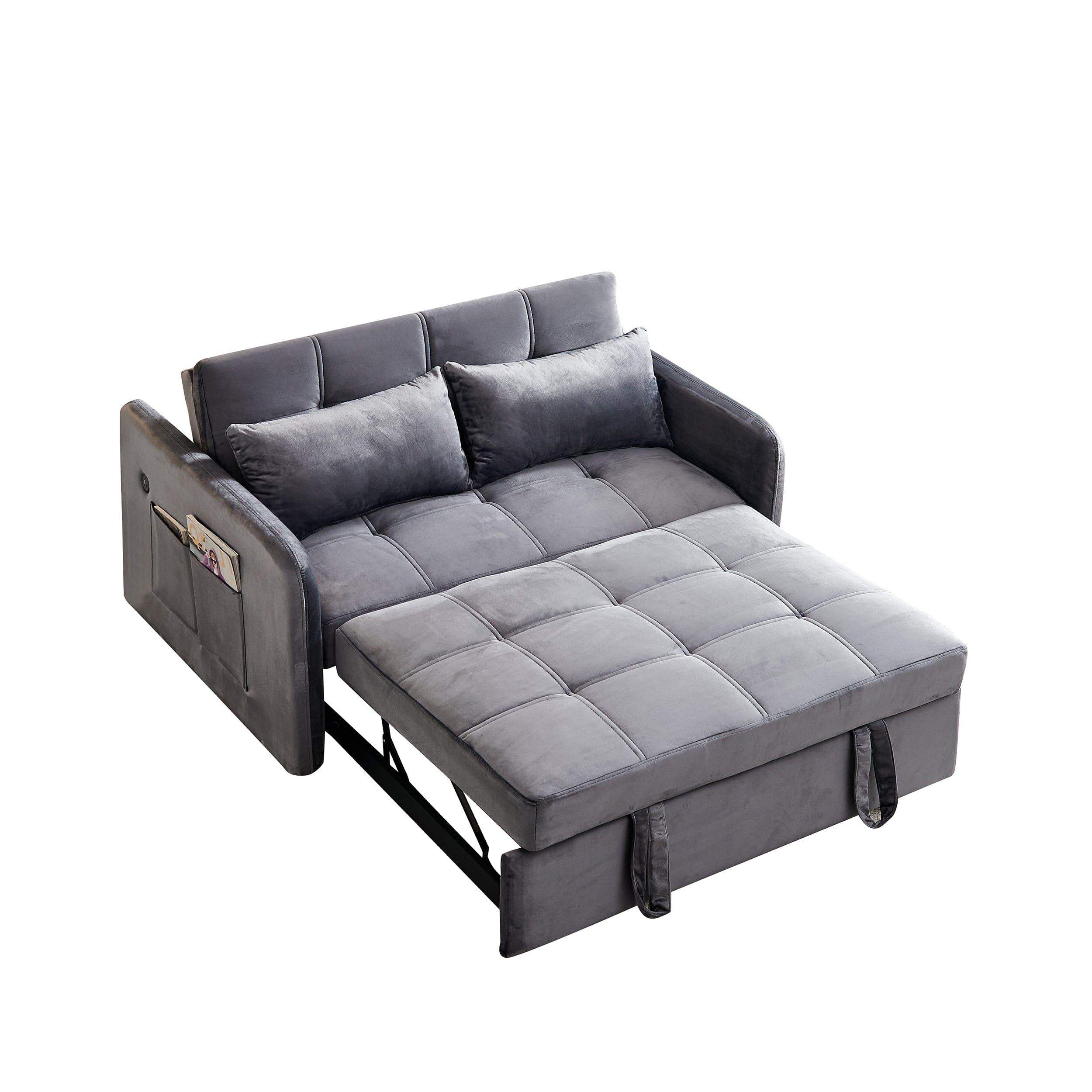 55.5" Twins Pull Out Sofa Bed  Grey Velvet