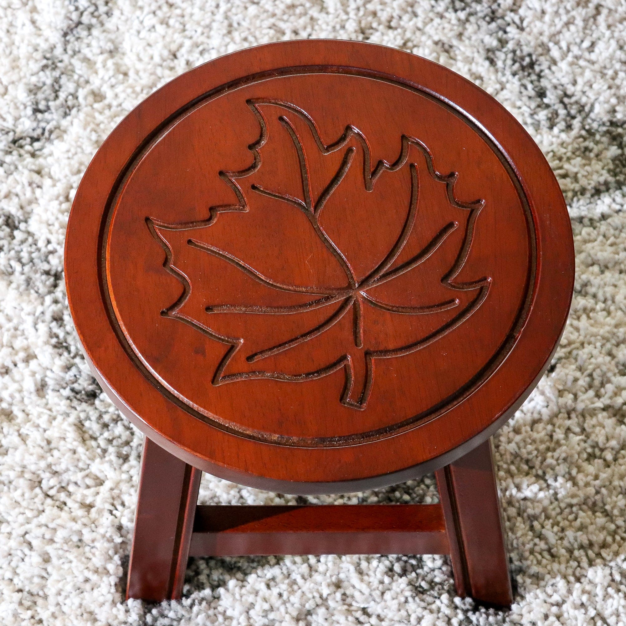 Carved Wooden Step Stool, Maple Leaf, Cherry