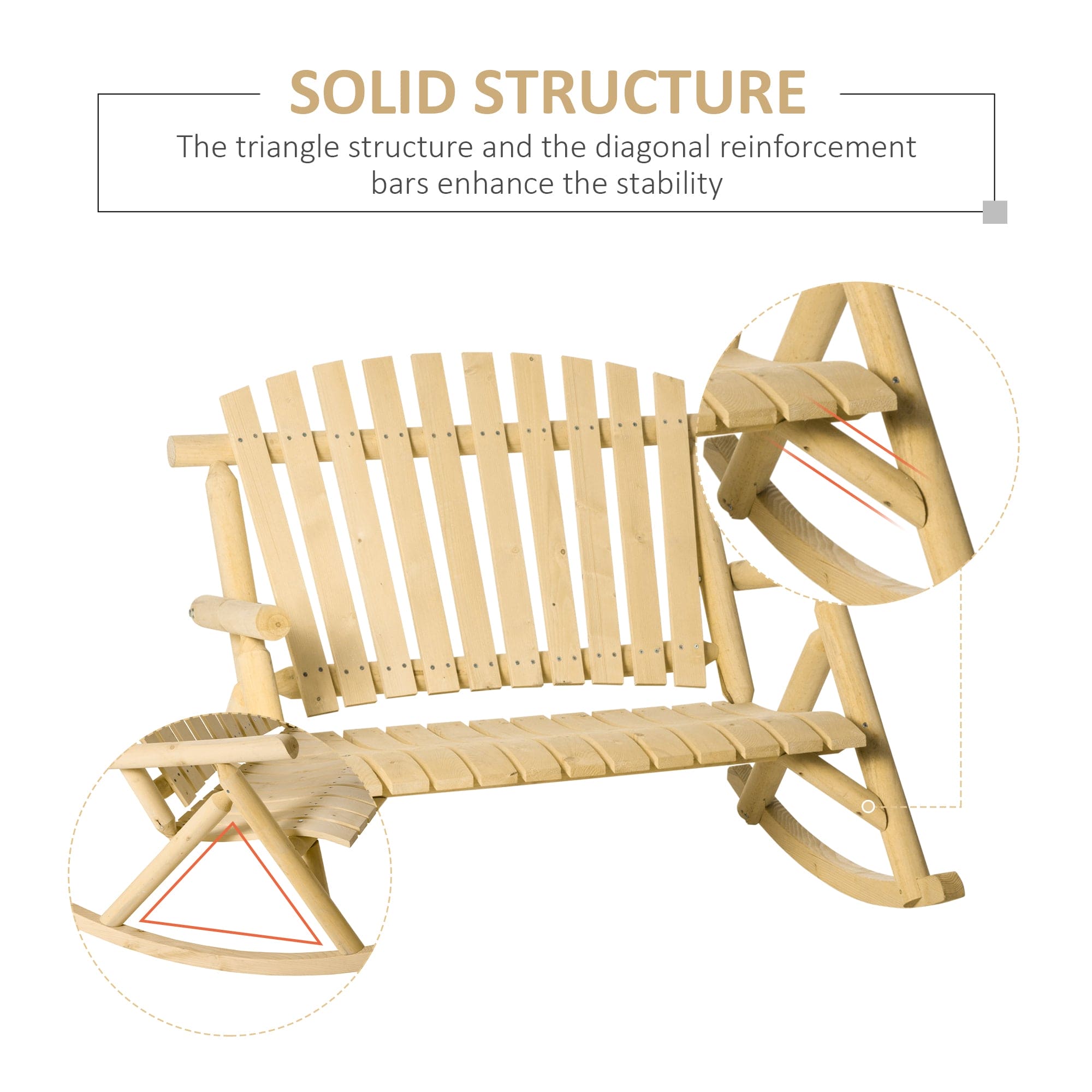 Outsunny Double Wooden Porch Rocking Bench, Adirondack Porch Rocker Chair, Heavy Duty Loveseat for 2 Persons with High Rise Slatted Seat & Backrest, Smooth Armrests, Natural