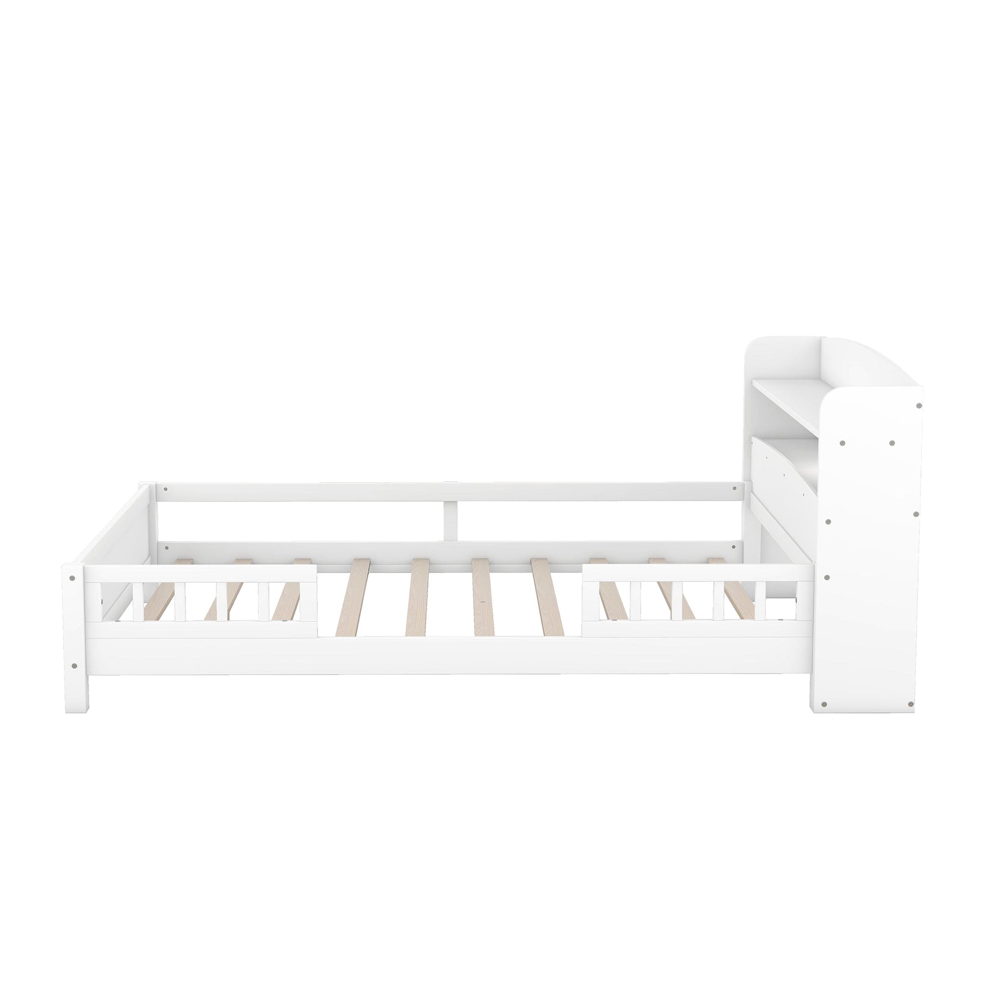 Wood Full Size Platform Bed with Built-in LED Light, Storage Headboard and Guardrail, White